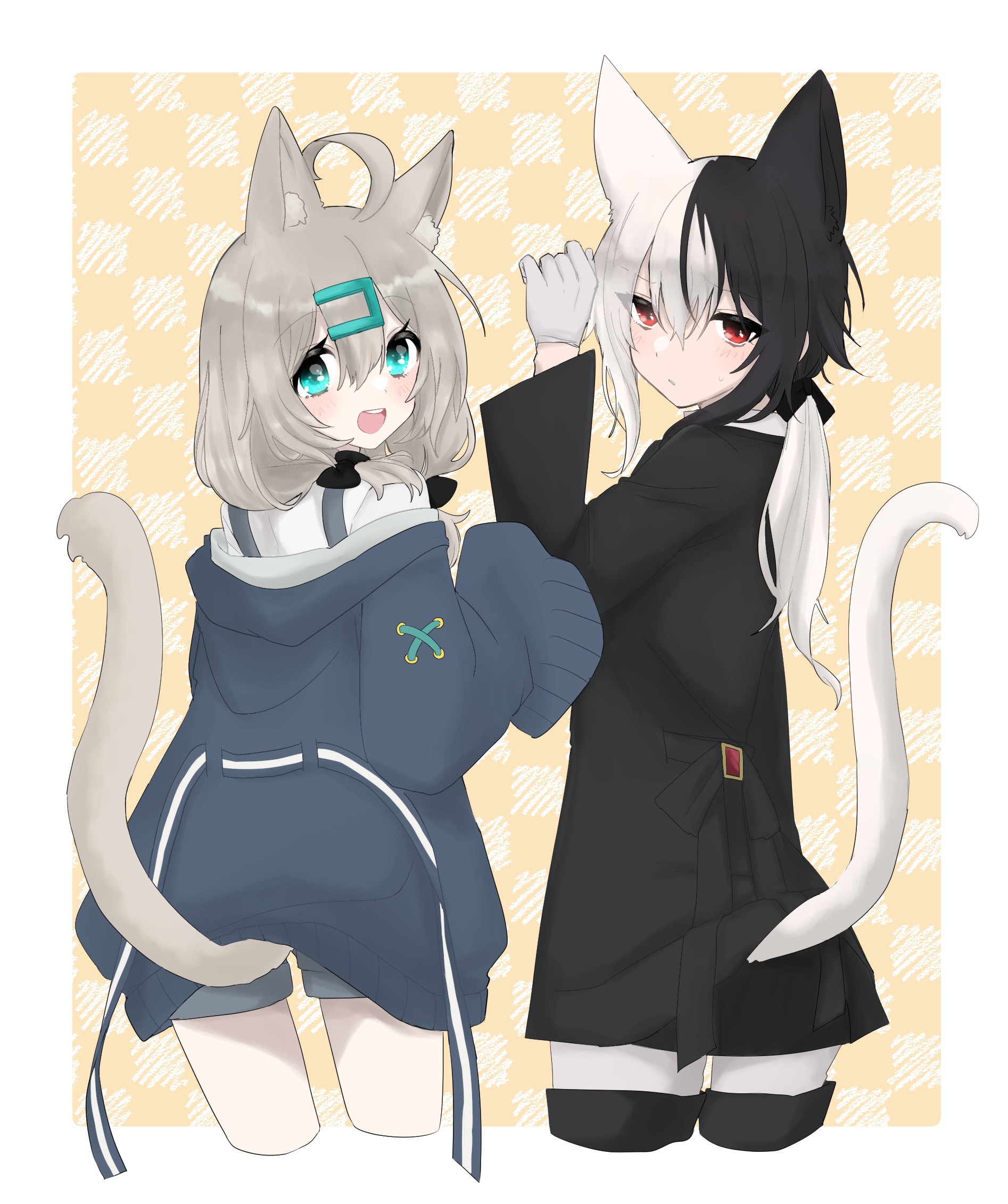 eurasia (wtp09ptw14), original, commentary request, highres, 2girls, ahoge, animal ear fluff, animal ears, black hair, black jacket, blue eyes, blue jacket, border, cat ears, cat girl, cat tail, closed mouth, cropped legs, double-parted bangs, gloves, grey hair, hair between eyes, jacket, long hair, long sleeves, looking at viewer, medium hair, multicolored hair, multiple girls, open mouth, outside border, red eyes, smile, split-color hair, tail, two-tone hair, white border, white gloves, white hair, yellow background