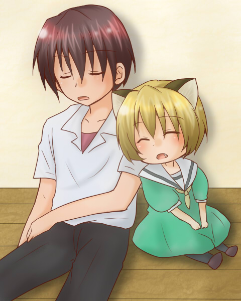 aidaho ryuuichi, houjou satoko, maebara keiichi, higurashi no naku koro ni, bad id, bad pixiv id, 00s, 1boy, 1girl, animal ears, blonde hair, blush, brown hair, cat ears, closed eyes, pantyhose, shirt, short hair, white shirt