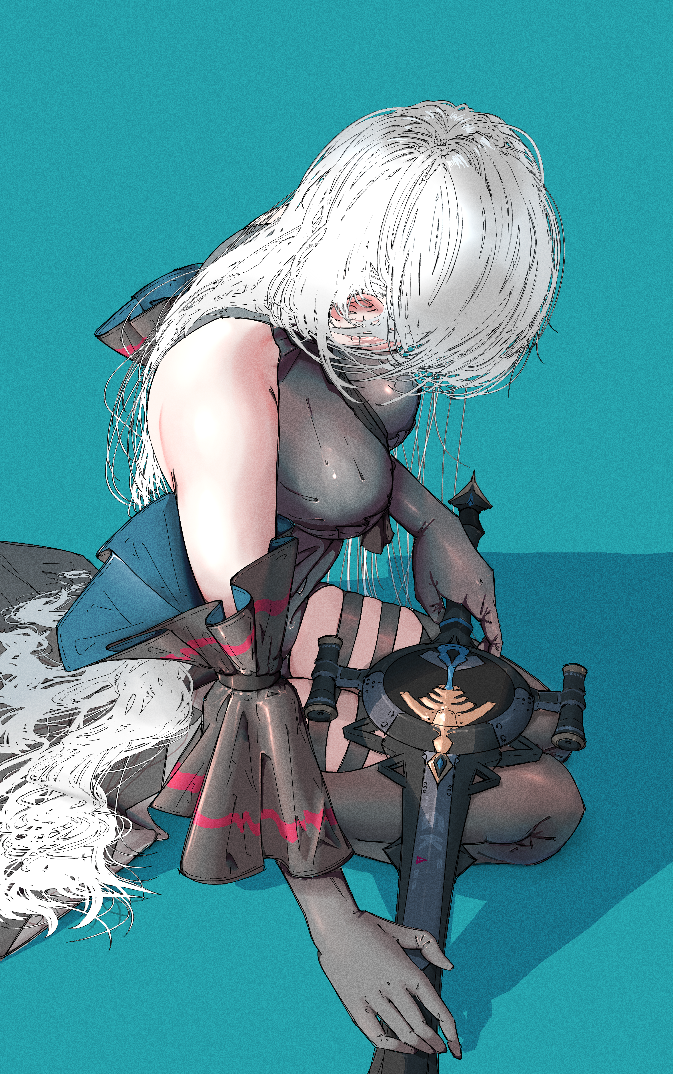 kifujin, skadi (arknights), skadi (elite ii) (arknights), arknights, absurdres, highres, 1girl, arm cuffs, ascot, bare shoulders, black ascot, black chaps, black gloves, black pants, black shirt, blue background, breasts, chaps, cleavage, clothing cutout, detached sleeves, from above, full body, gloves, hair undone, holding, holding sword, holding weapon, kneeling, large breasts, long hair, looking down, no headwear, pants, shadow, shirt, solo, sword, thigh cutout, very long hair, weapon