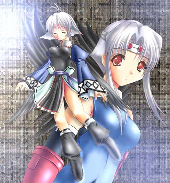 okotan (dewdrops), okotanukunuku, camyu, mutsumi (utawarerumono), utawarerumono, silver hair, bad id, bad pixiv id, 00s, 2girls, black wings, long sleeves, multiple girls, red eyes, wings
