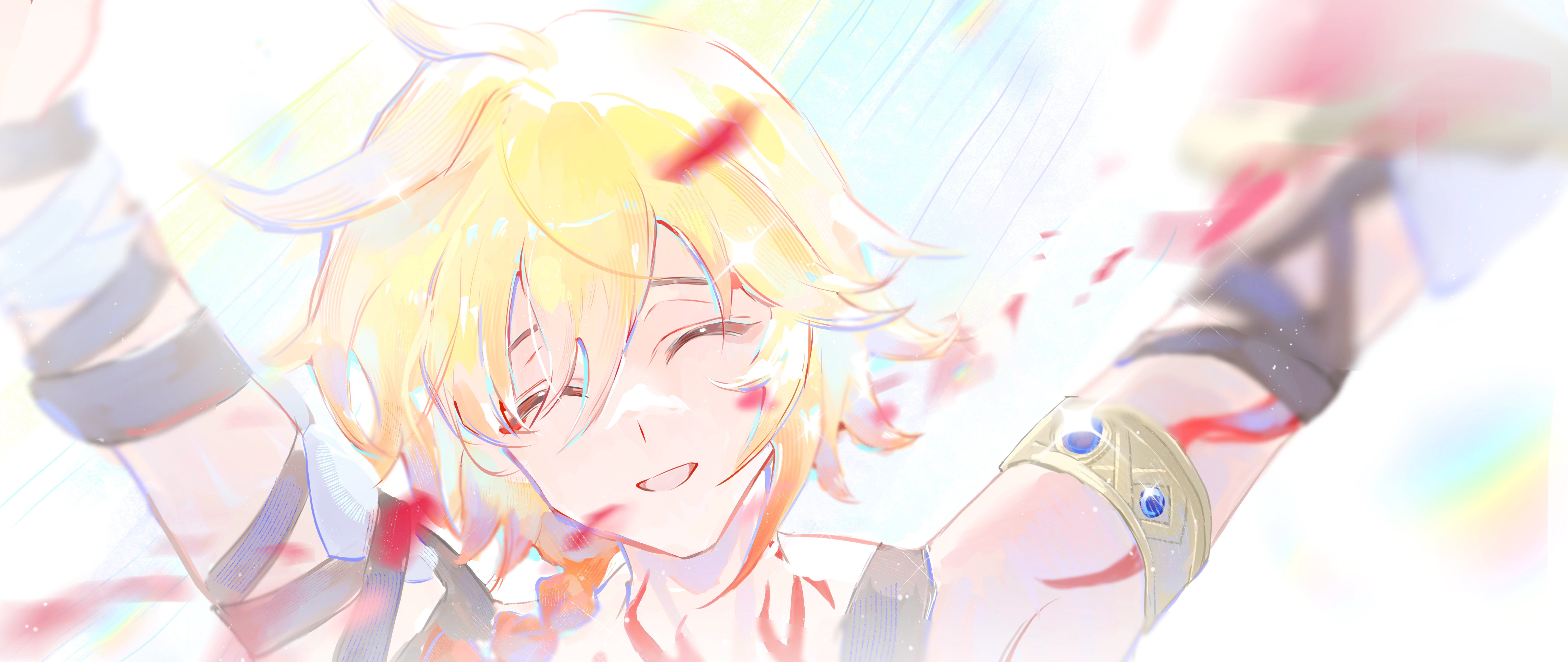 mydei (a trail of bygone blood) (honkai: star rail), mydei (honkai: star rail), honkai: star rail, honkai (series), absurdres, chinese commentary, commentary request, highres, 1boy, aged down, arm tattoo, armlet, bandaged arm, bandages, blonde hair, chest tattoo, closed eyes, ededdsed, facial tattoo, gradient hair, jewelry, male focus, multicolored hair, red hair, smile, solo, tattoo
