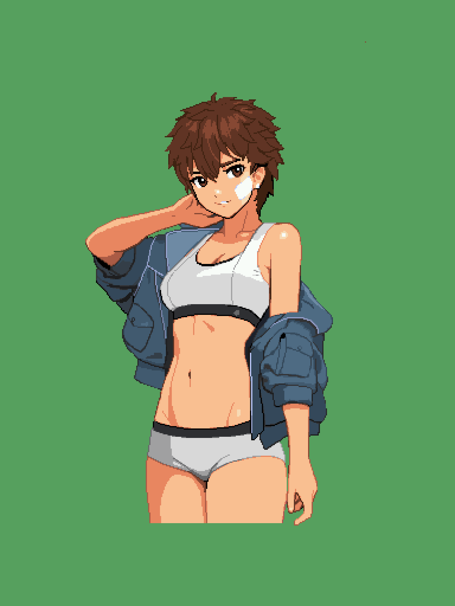 picopico256, kei sakuragi, the scramble vice, check commentary, commentary request, highres, official art, 1girl, arm up, bandaid, bandaid on face, bare shoulders, black trim, breasts, brown eyes, brown hair, cleavage, collarbone, earrings, fingernails, green background, hand on own head, jewelry, looking at viewer, looking to the side, medium hair, messy hair, midriff, navel, off shoulder, pixel art, pouch, revealing clothes, shiny skin, simple background, single earring, smile, solo, sports bra, teeth, tomboy, toned, toned female, white sports bra