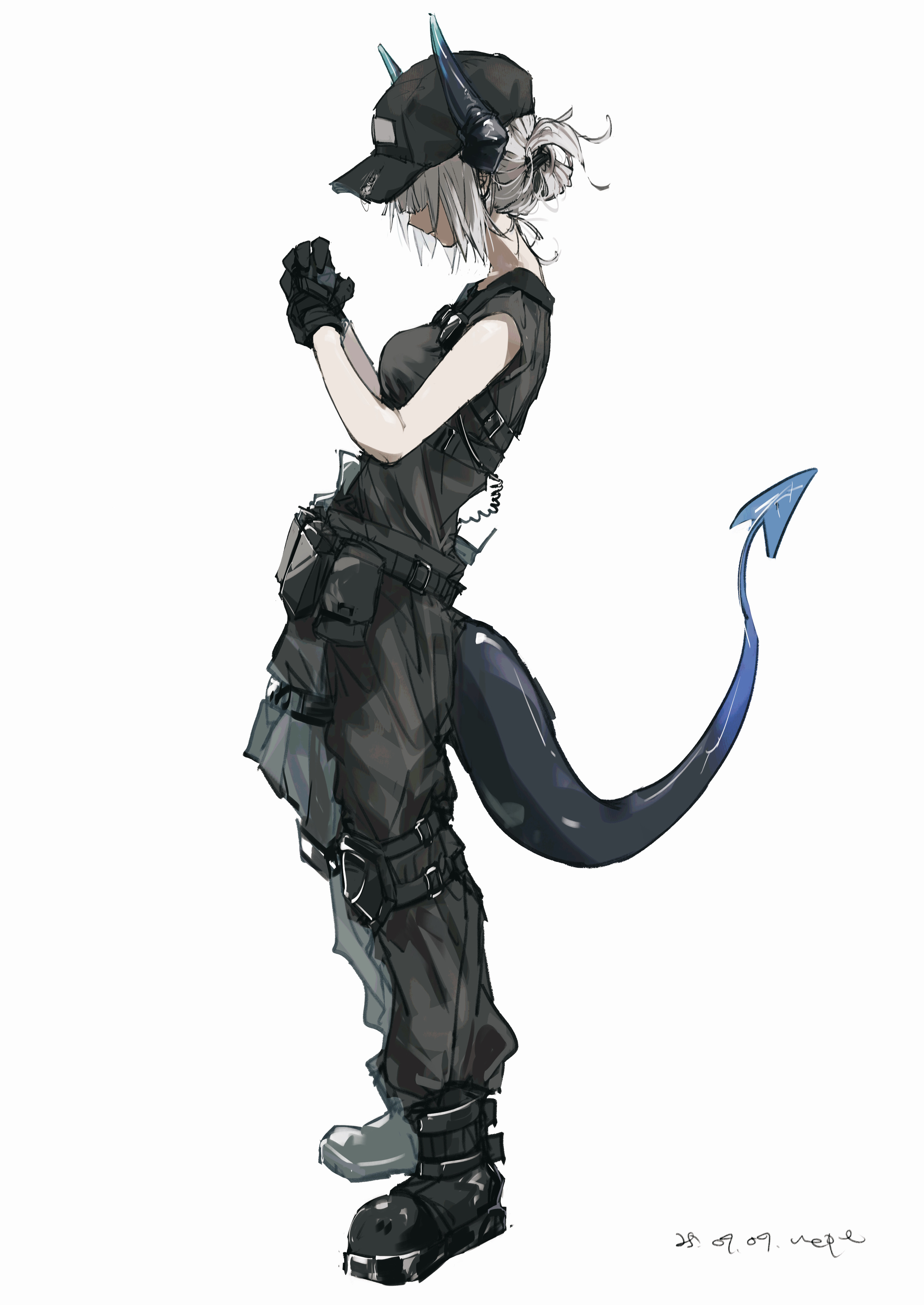 pppmepl, liskarm (arknights), arknights, absurdres, highres, 1girl, artist name, baseball cap, black boots, black gloves, black pants, black shirt, boots, breasts, chest harness, dated, dragon girl, dragon horns, dragon tail, from side, gloves, grey hair, harness, hat, horns, pants, shirt, simple background, solo, standing, tactical clothes, tail, white background
