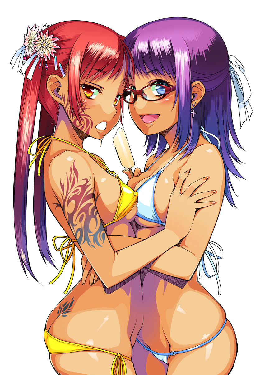 asaki takayuki, bad id, bad pixiv id, copyright request, highres, 2girls, :d, ass, back tattoo, bikini, blue eyes, blush, breast press, breasts, butt crack, cameltoe, covered erect nipples, cowboy shot, cross, cross earrings, dark-skinned female, dark skin, earrings, face-to-face, facial mark, female focus, fingernails, flower, food, forehead-to-forehead, from side, glasses, gradient hair, groin, hair flower, hair ornament, hairclip, half updo, heads together, holding, hug, ice, jewelry, long fingernails, long hair, looking at viewer, looking back, lowleg, lowleg bikini, micro bikini, multicolored hair, multiple girls, nipples, open mouth, orange eyes, popsicle, purple hair, red-framed eyewear, red hair, sexually suggestive, side-tie bikini bottom, sideboob, simple background, skindentation, small breasts, smile, standing, string bikini, swimsuit, symmetrical docking, tan, tattoo, tramp stamp, twintails, underboob, white background, white bikini, yellow bikini, yuri