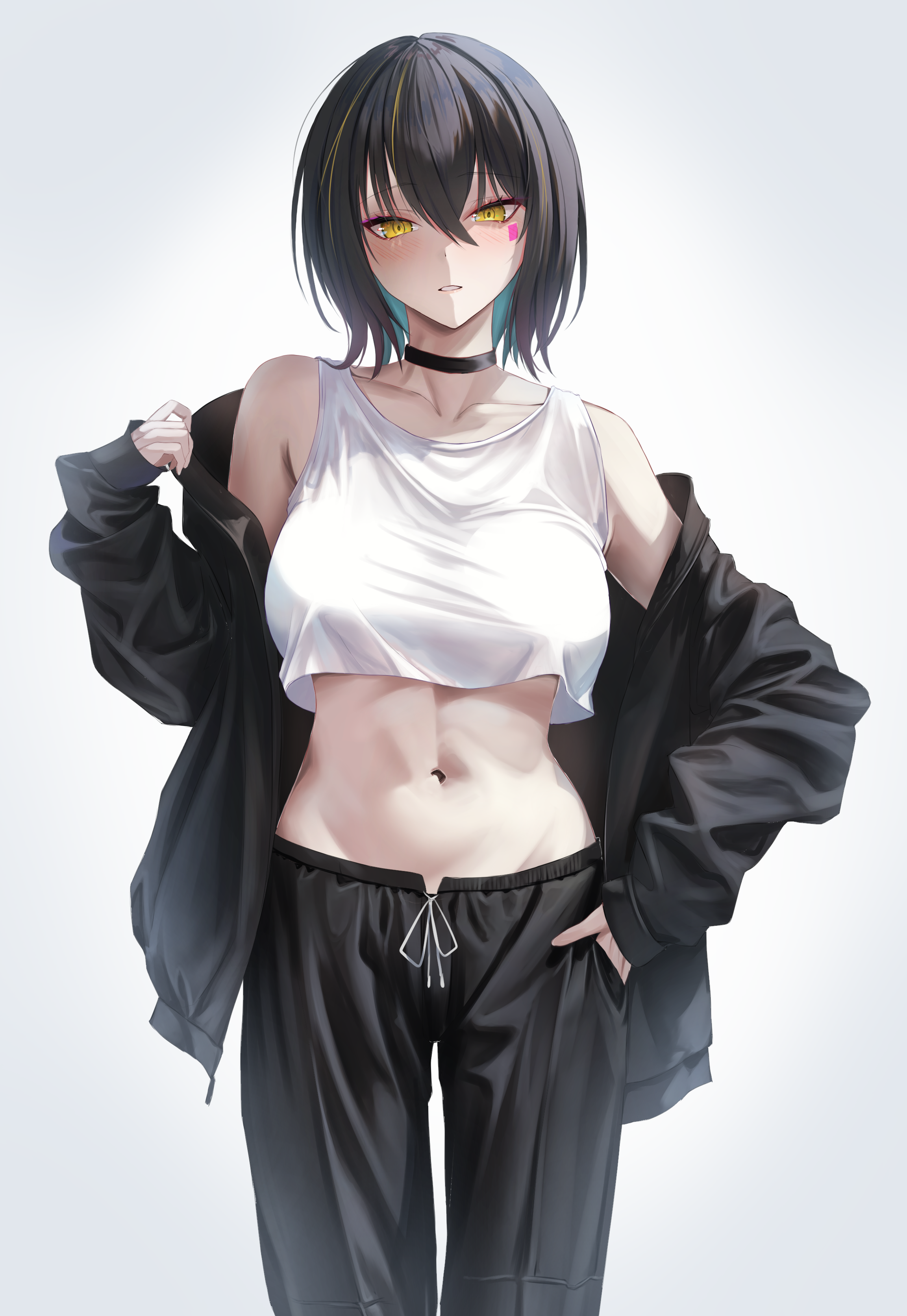 takagi (takag1 k2), original, absurdres, highres, 1girl, bare shoulders, black choker, black hair, black jacket, black pants, breasts, choker, collarbone, colored inner hair, cowboy shot, crop top, crop top overhang, drawstring, facial mark, hair between eyes, jacket, large breasts, long sleeves, looking at viewer, midriff, multicolored hair, navel, off shoulder, open clothes, open jacket, pants, parted lips, shirt, short hair, simple background, sleeveless, sleeveless shirt, solo, stomach, streaked hair, white background, white shirt, yellow eyes