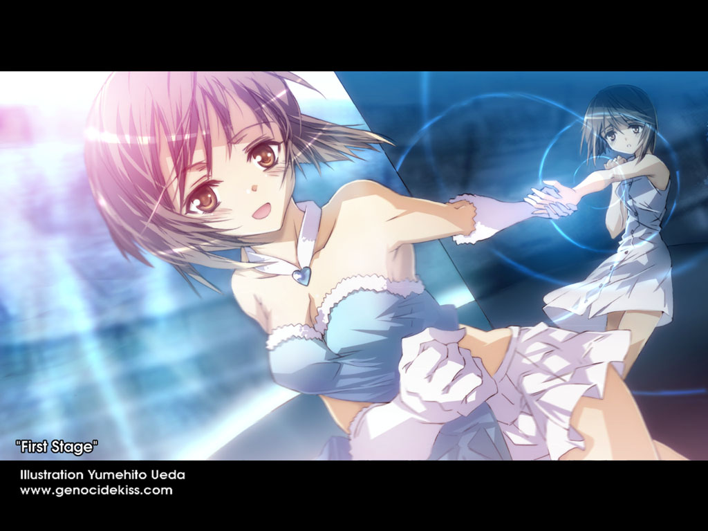 ueda yumehito, hagiwara yukiho, idolmaster, idolmaster (classic), idolmaster 1, non-web source, 00s, 1girl, brown eyes, brown hair, cute & girly (idolmaster), dual persona, letterboxed, short hair