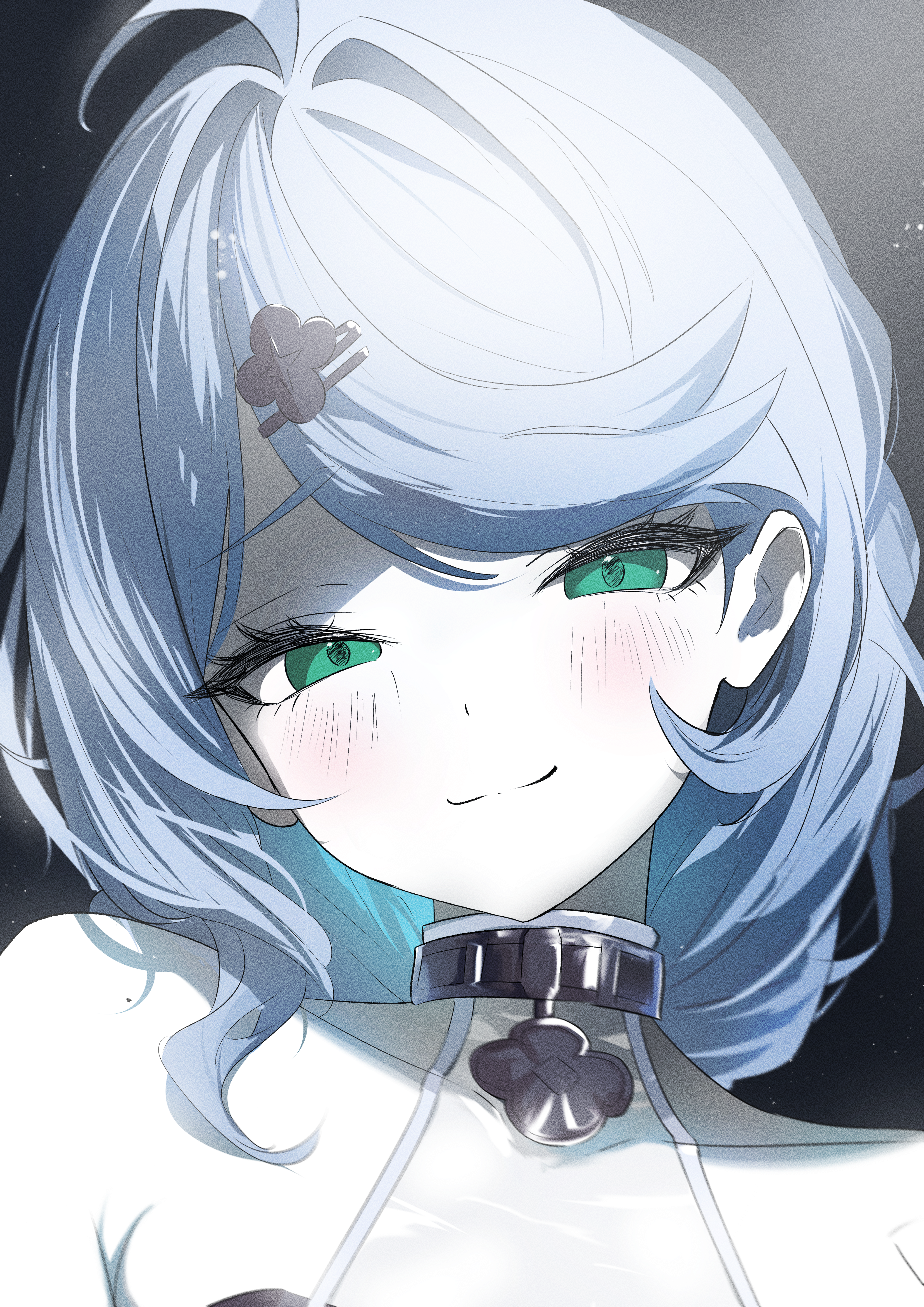 bubba62473394, seed (zenless zone zero), zenless zone zero, absurdres, highres, 1girl, bare shoulders, black background, blue hair, blush, closed mouth, collar, flower hairpin, green eyes, hair ornament, hairpin, head tilt, looking at viewer, mole, mole on shoulder, ponytail, portrait, smile, solo