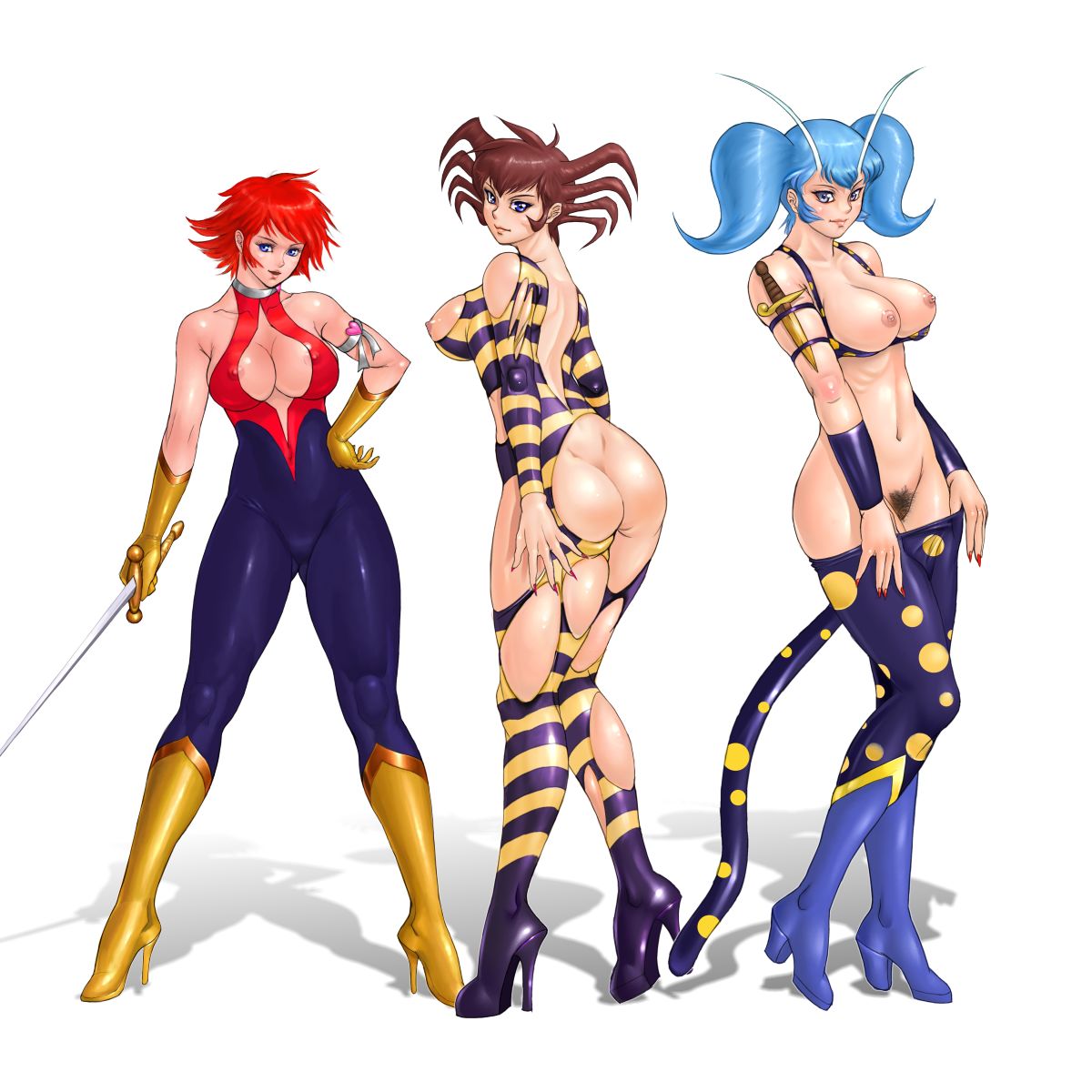 zen and retro, cutie honey (character), kisaragi honey, cutie honey, toei company, blue footwear, highres, 3girls, armband, ass, blue hair, bodysuit, boots, breasts, brown hair, butt crack, female pubic hair, fingernails, gloves, high heels, huge breasts, knife, magical girl, multiple girls, nail (hardware), nipples, orange hair, pubic hair, shoes, skin tight, sword, torn clothes, twintails, undressing, weapon