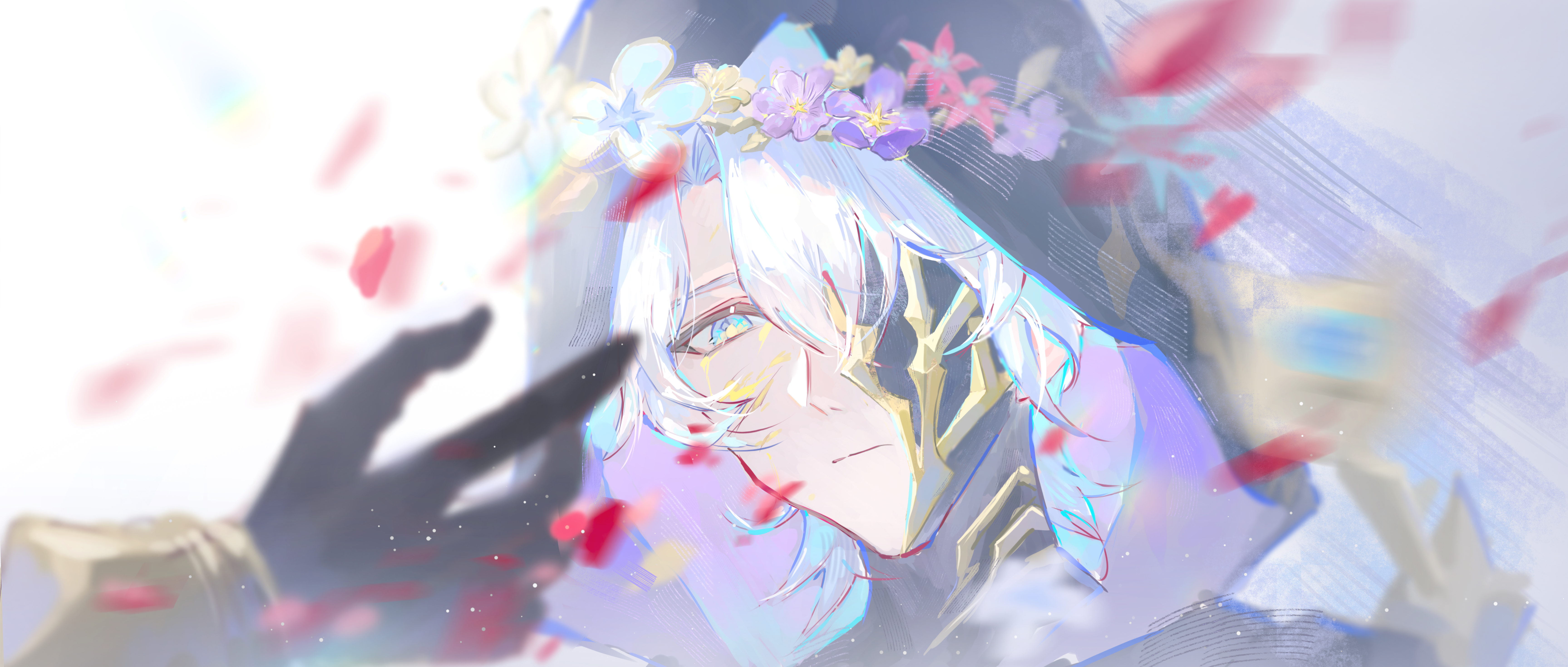 flame reaver of the deepest dark, mydei (honkai: star rail), phainon (honkai: star rail), honkai: star rail, honkai (series), absurdres, chinese commentary, commentary request, highres, 2boys, black cloak, blood, blood splatter, bloody tears, blue eyes, broken mask, cloak, ededdsed, hood, hood up, hooded cloak, male focus, mask, multiple boys, parted bangs, short hair, solo focus, white hair, yellow blood
