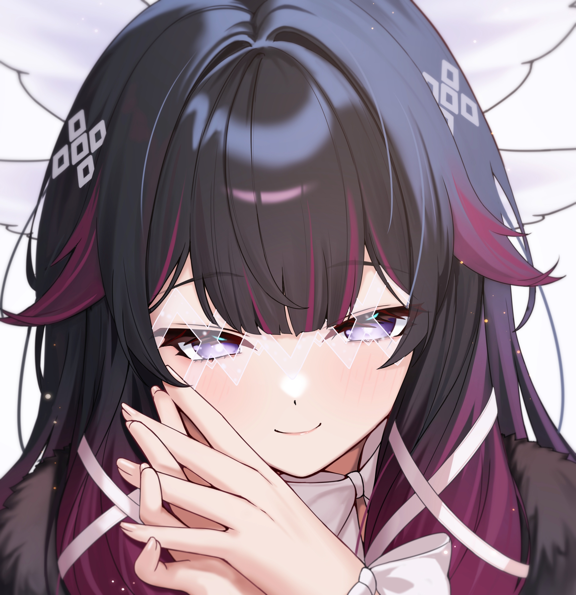 takeawatch, columbina (genshin impact), genshin impact, absurdres, highres, 1girl, black hair, closed mouth, double-parted bangs, fingernails, hands up, long hair, looking at viewer, missing commentary, multicolored hair, own hands together, portrait, purple eyes, purple hair, smile, solo, streaked hair