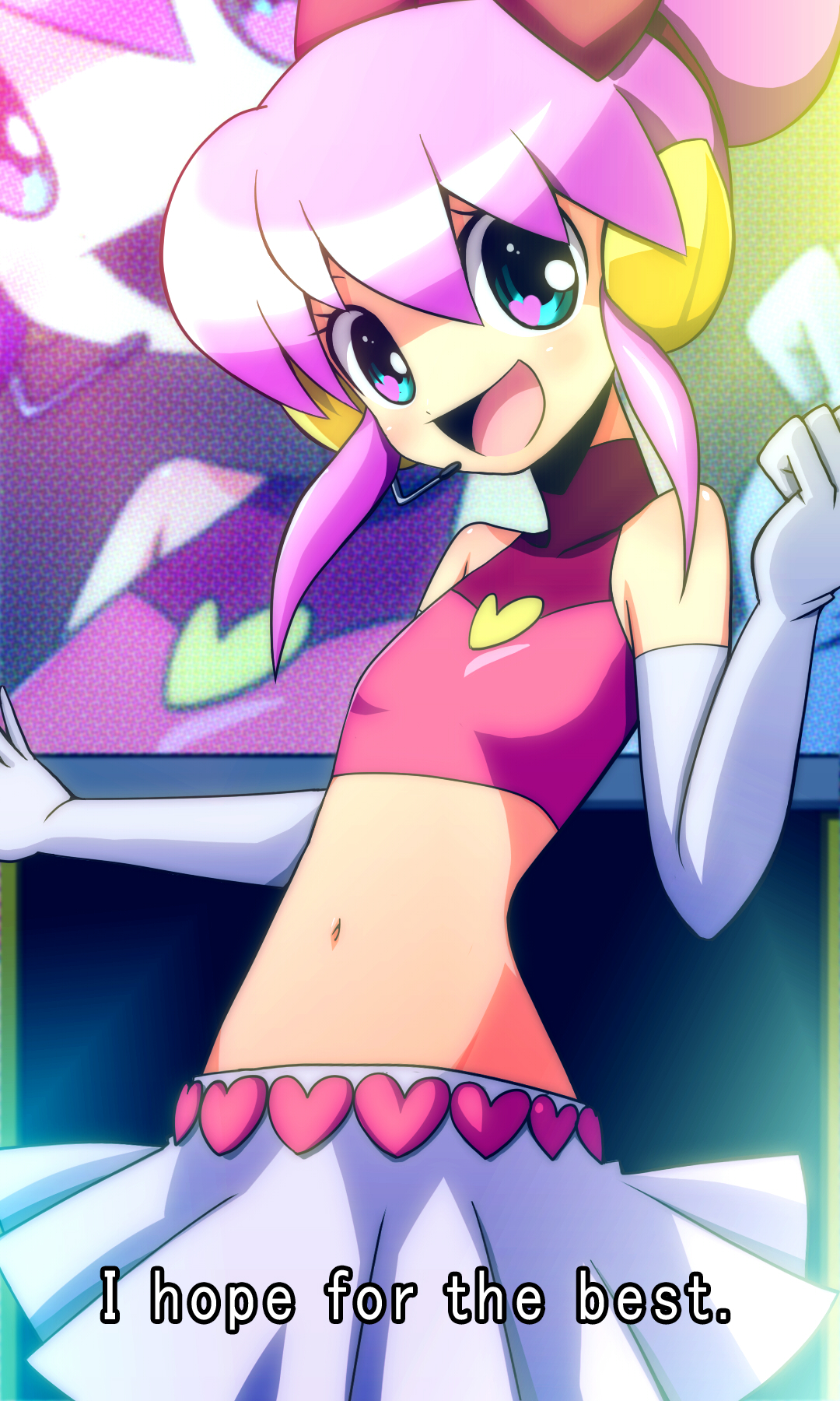 shirono, my sunshine, battle spirits, battle spirits: shounen toppa bashin, highres, 00s, 1girl, :d, bare shoulders, belt, blue eyes, blush, bow, clenched hand, crop top, elbow gloves, english text, female focus, flat chest, gloves, hair bow, hair bun, hairband, halterneck, head tilt, headset, heart, heart-shaped pupils, idol, looking at viewer, midriff, monitor, music, navel, open mouth, outstretched arm, pink hair, pleated skirt, profile, short hair, sidelocks, singing, single hair bun, skirt, smile, solo, standing, subtitled, symbol-shaped pupils, turtleneck, white gloves, zoom layer