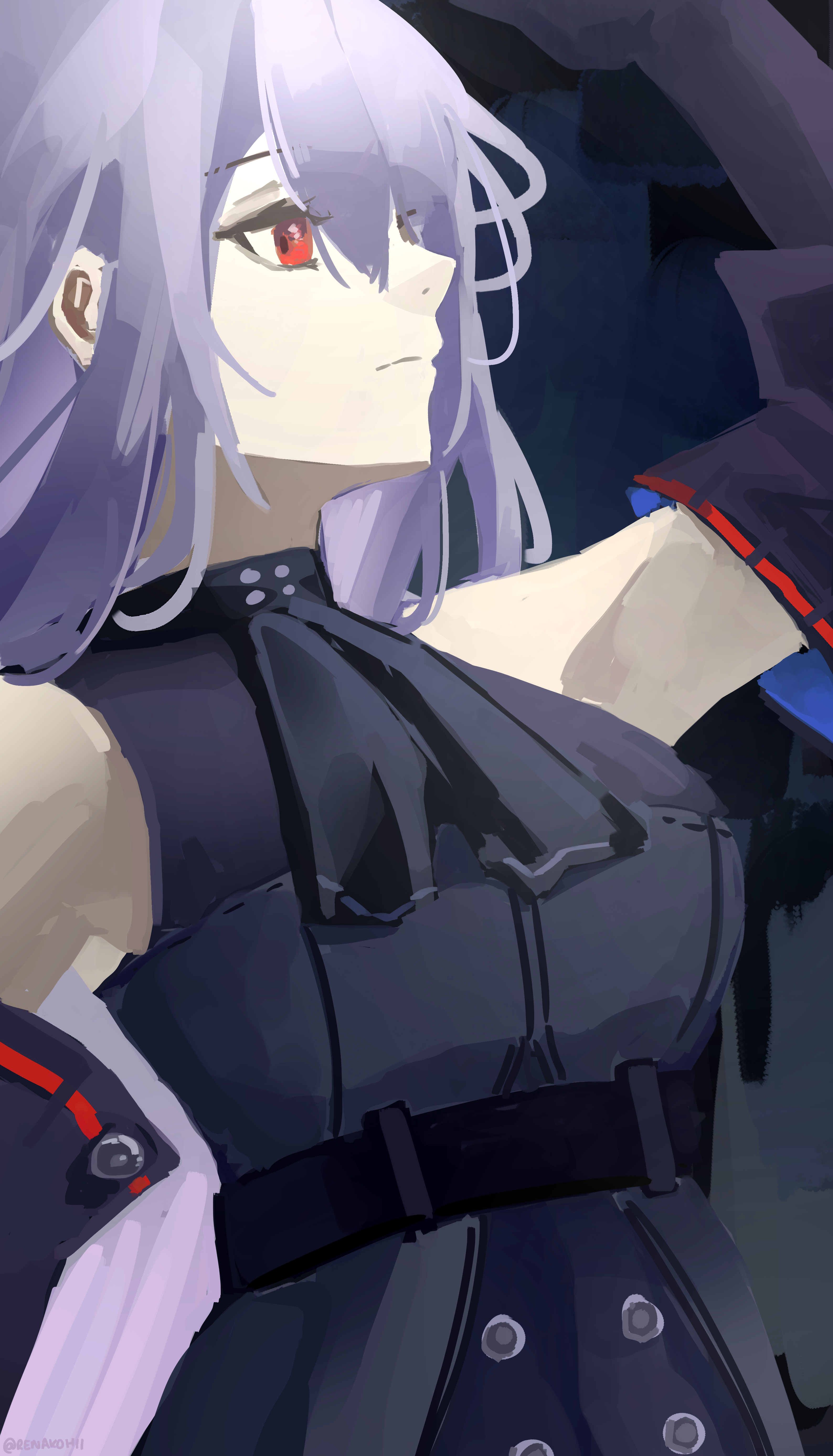 renakohii, skadi (arknights), skadi (elite ii) (arknights), arknights, absurdres, highres, 1girl, arm cuffs, arm up, armpits, ascot, bare shoulders, black ascot, black gloves, black shirt, breasts, dark background, detached sleeves, gloves, hair between eyes, large breasts, long hair, profile, red eyes, shirt, simple background, solo, upper body, very long hair, white hair