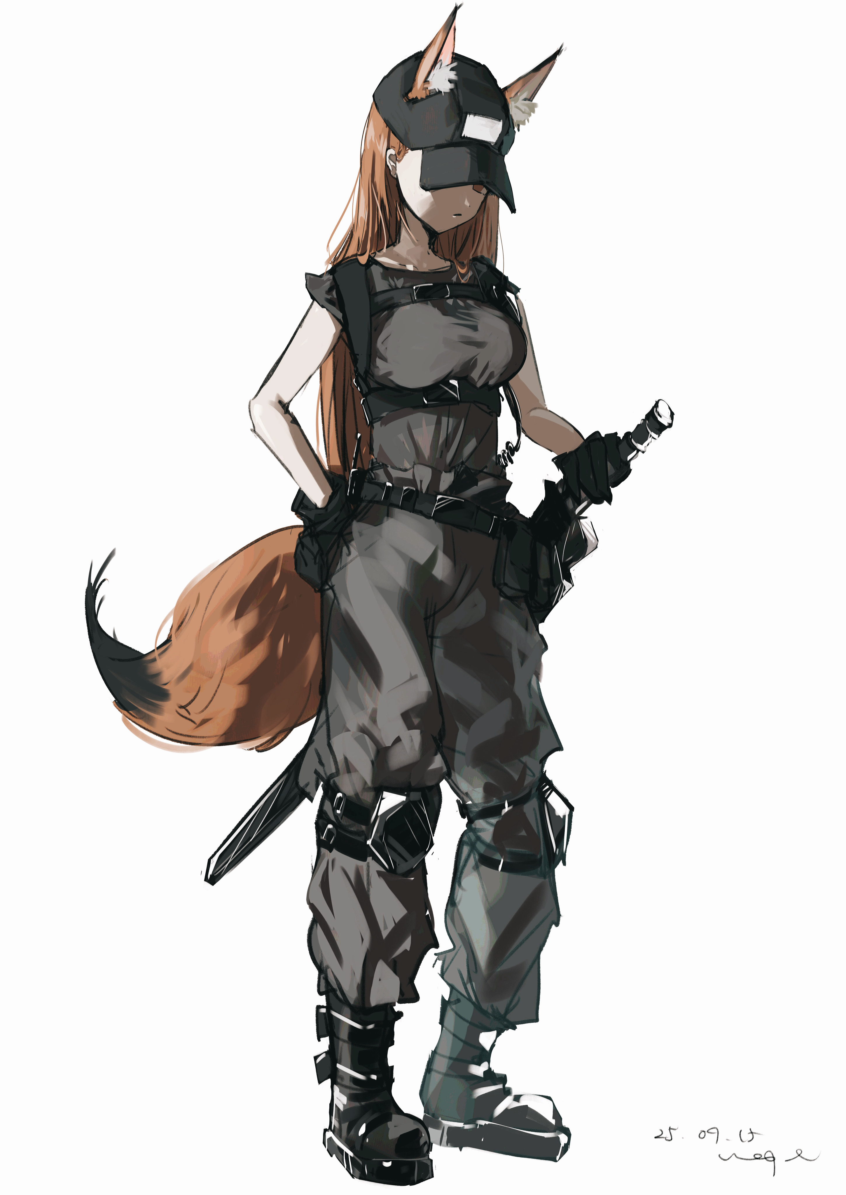 pppmepl, franka (arknights), arknights, absurdres, highres, 1girl, alternate costume, animal ear fluff, animal ears, artist name, baseball cap, black boots, boots, breasts, brown eyes, brown hair, chest harness, dated, ears through headwear, fox ears, fox girl, fox tail, grey pants, grey shirt, harness, hat, long hair, pants, shirt, simple background, solo, standing, sword, tail, weapon, white background