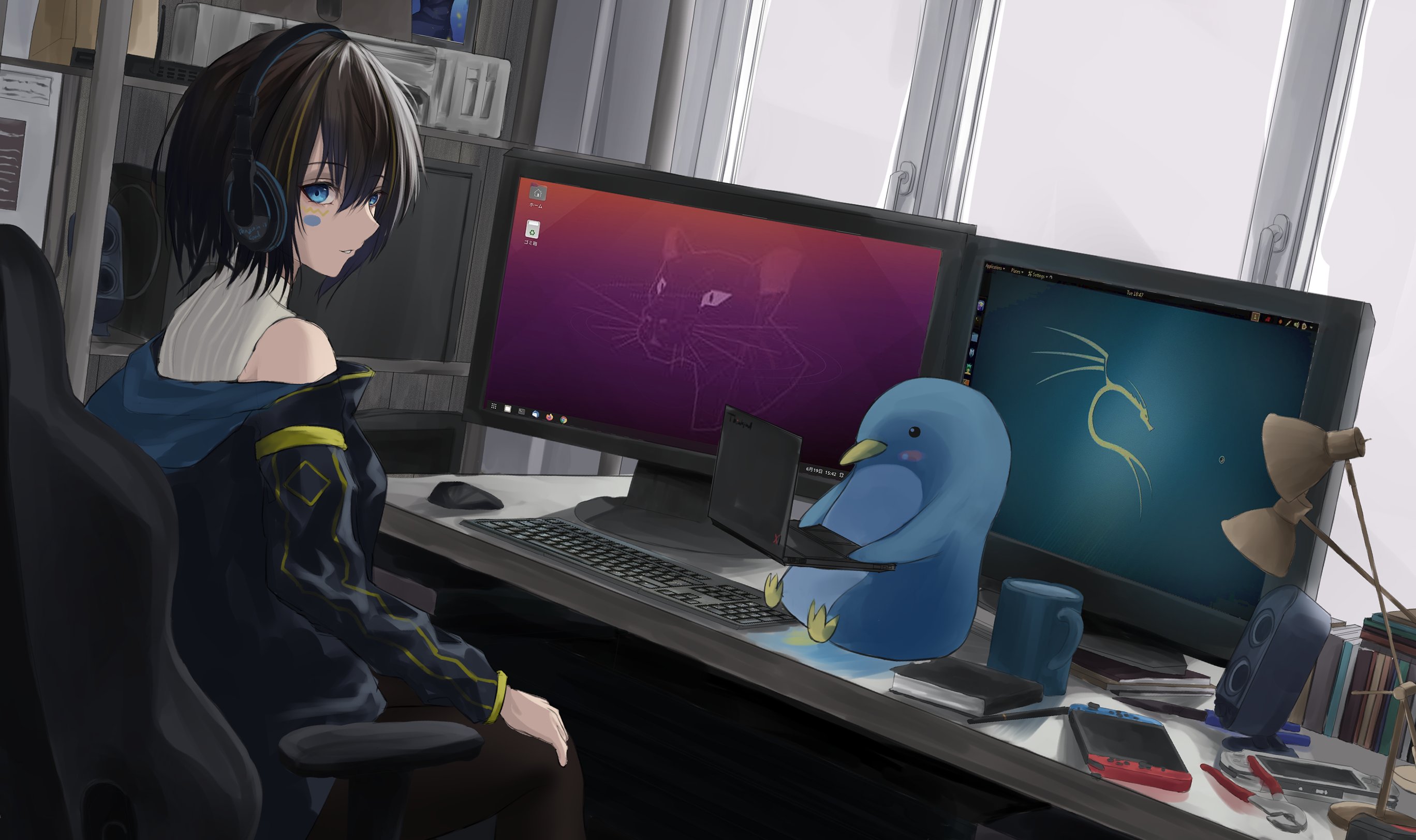 takagi (takag1 k2), linux, original, ubuntu, commentary, highres, symbol-only commentary, 1girl, black hair, black jacket, blue eyes, book, computer keyboard, computer mouse, cup, desk, facial mark, handheld game console, headphones, jacket, kali linux, lamp, monitor, mug, nintendo switch, off shoulder, playstation portable, short hair, sitting, solo, speaker, sweater, white sweater, window