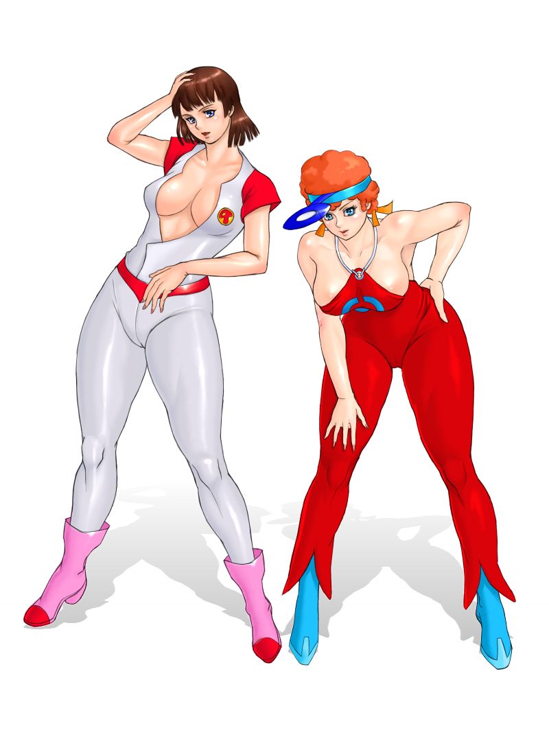 haruyama kazunori, zen and retro, himeguri koyomi, houmu ran, gyakuten! ippatsuman, time bokan (series), yattodetaman, hand on head, hand on thigh, 1980s (style), jpeg artifacts, 2girls, afro, bare shoulders, bell-bottoms, bent over, blue eyes, blush, bodysuit, boots, breasts, breasts apart, brown hair, cameltoe, cleavage, crossover, curvy, eyelashes, fingernails, hair ribbon, halterneck, head mirror, high heels, hip focus, large breasts, long fingernails, looking at viewer, multiple girls, nail polish, no bra, o-ring, o-ring top, oldschool, open clothes, open mouth, orange hair, pants, pink nails, retro artstyle, ribbon, shadow, shoes, short hair, sideboob, simple background, skin tight, spread legs, standing, thick thighs, thighs, white background, wide hips