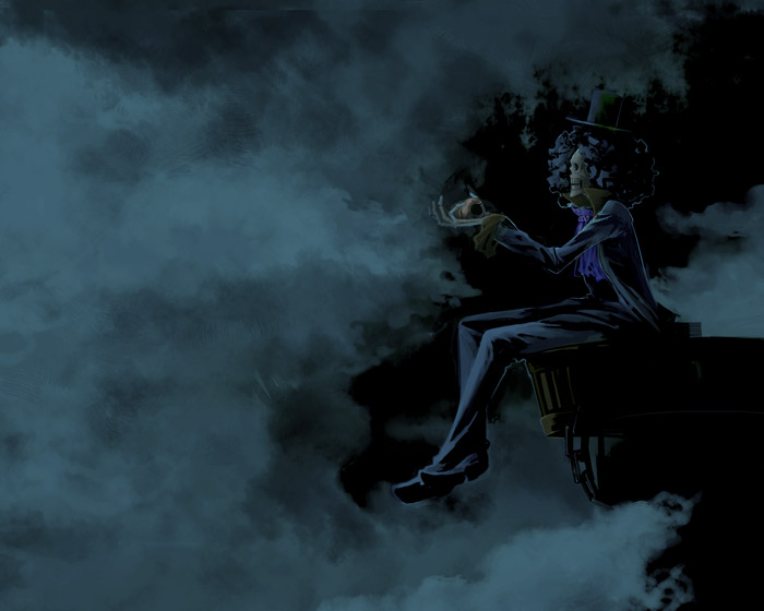 kuji, brook (one piece), one piece, 1boy, afro, ascot, black shoes, bone, chain, cliff, cloud, dark, fog, from side, full body, hat, holding, long sleeves, male focus, mountain, night, outdoors, pirate, shell, ship, shoes, sitting, skeleton, solo, teeth, top hat, tuxedo, watercraft