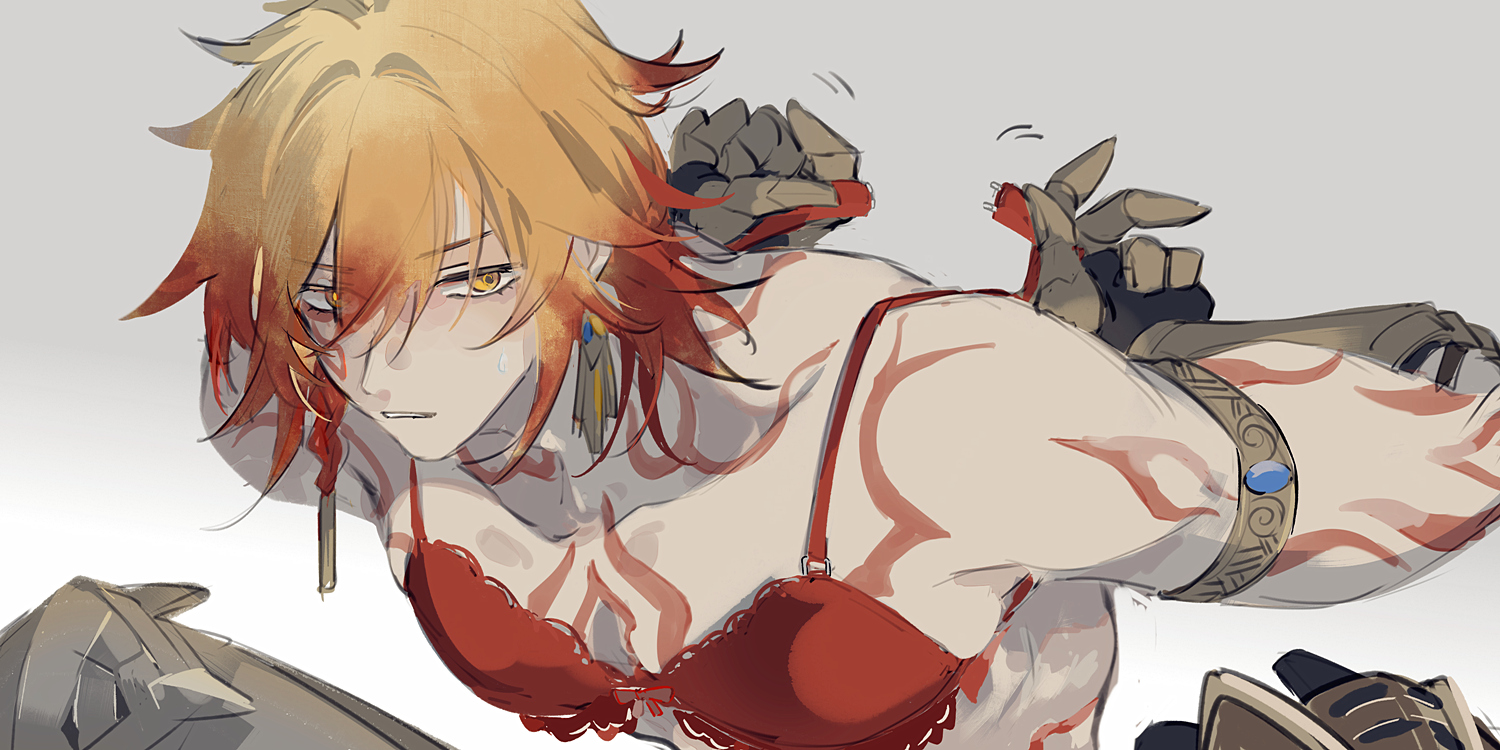 mississipping, mydei (honkai: star rail), honkai: star rail, honkai (series), chinese commentary, commentary request, 2boys, adjusting bra, adjusting clothes, arm tattoo, armlet, armored boots, blonde hair, boots, bra, braid, chest tattoo, clawed gauntlets, crossdressing, crossdressing (mtf), facial tattoo, gradient hair, jewelry, male focus, medium hair, multicolored hair, multiple boys, red bra, red hair, red tattoo, side braid, tattoo, underwear, yellow eyes