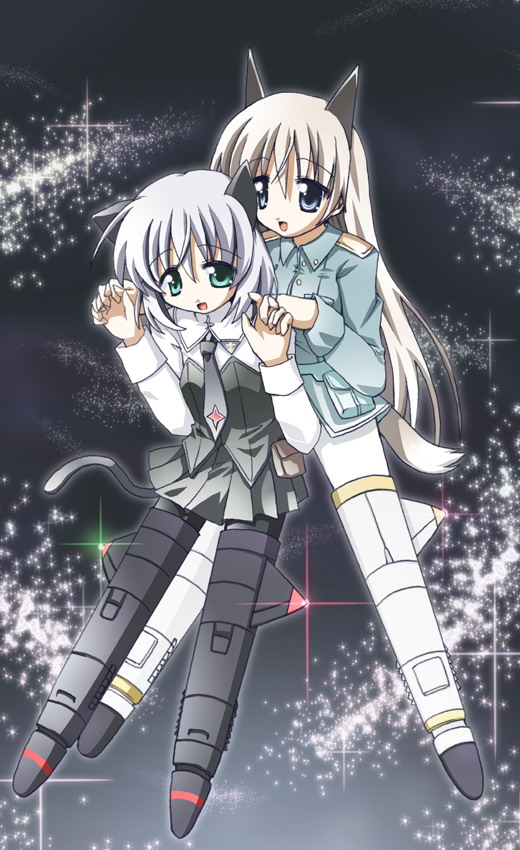 eila ilmatar juutilainen, sanya v. litvyak, strike witches, world witches series, silver hair, bad id, bad pixiv id, 00s, 2girls, animal ears, black pantyhose, blue eyes, green eyes, long hair, multiple girls, pantyhose, striker unit, tail, white pantyhose