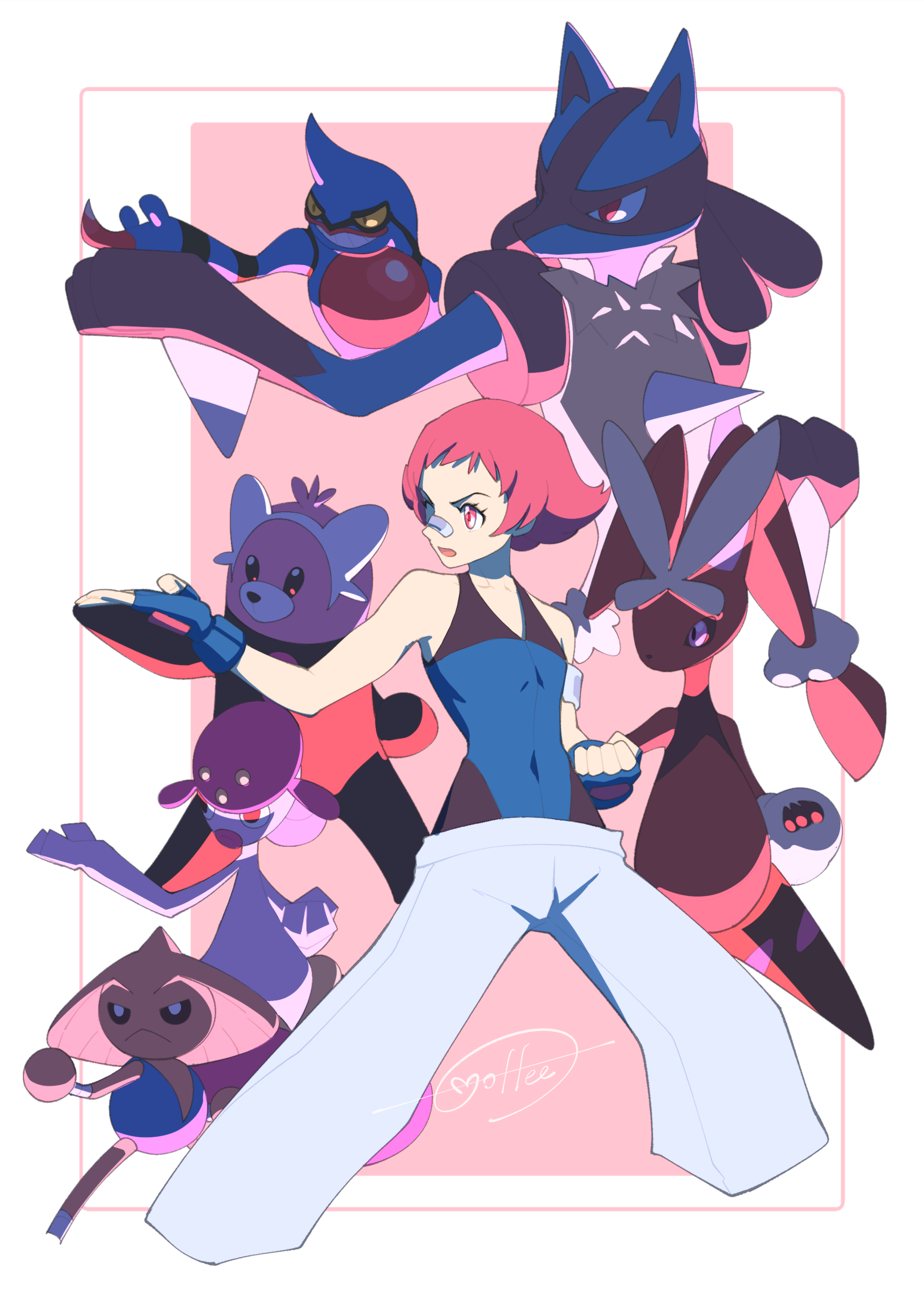 cccacademia, bewear, hitmontop, lopunny, lucario, maylene (pokemon), medicham, toxicroak, nintendo, pokemon, absurdres, highres, 1girl, artist name, clenched hand, colored sclera, covered navel, fighting stance, fingerless gloves, flat chest, gen 2 pokemon, gen 3 pokemon, gen 4 pokemon, gen 7 pokemon, gloves, leotard, pants, pink background, pink eyes, pink hair, pokemon (creature), red eyes, solo, standing, white background, white pants, yellow sclera