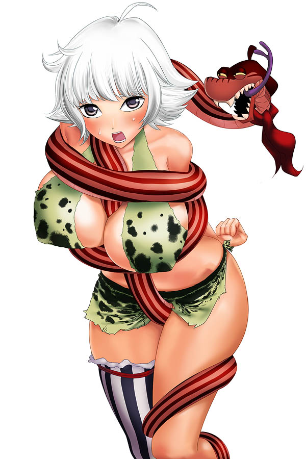 bodai, marguerite (one piece), one piece, 1girl, alternate color, alternate hair color, amazon warrior, asymmetrical clothes, between breasts, blush, breasts, female focus, large breasts, short hair, single thighhigh, snake, solo, thighhighs, white hair