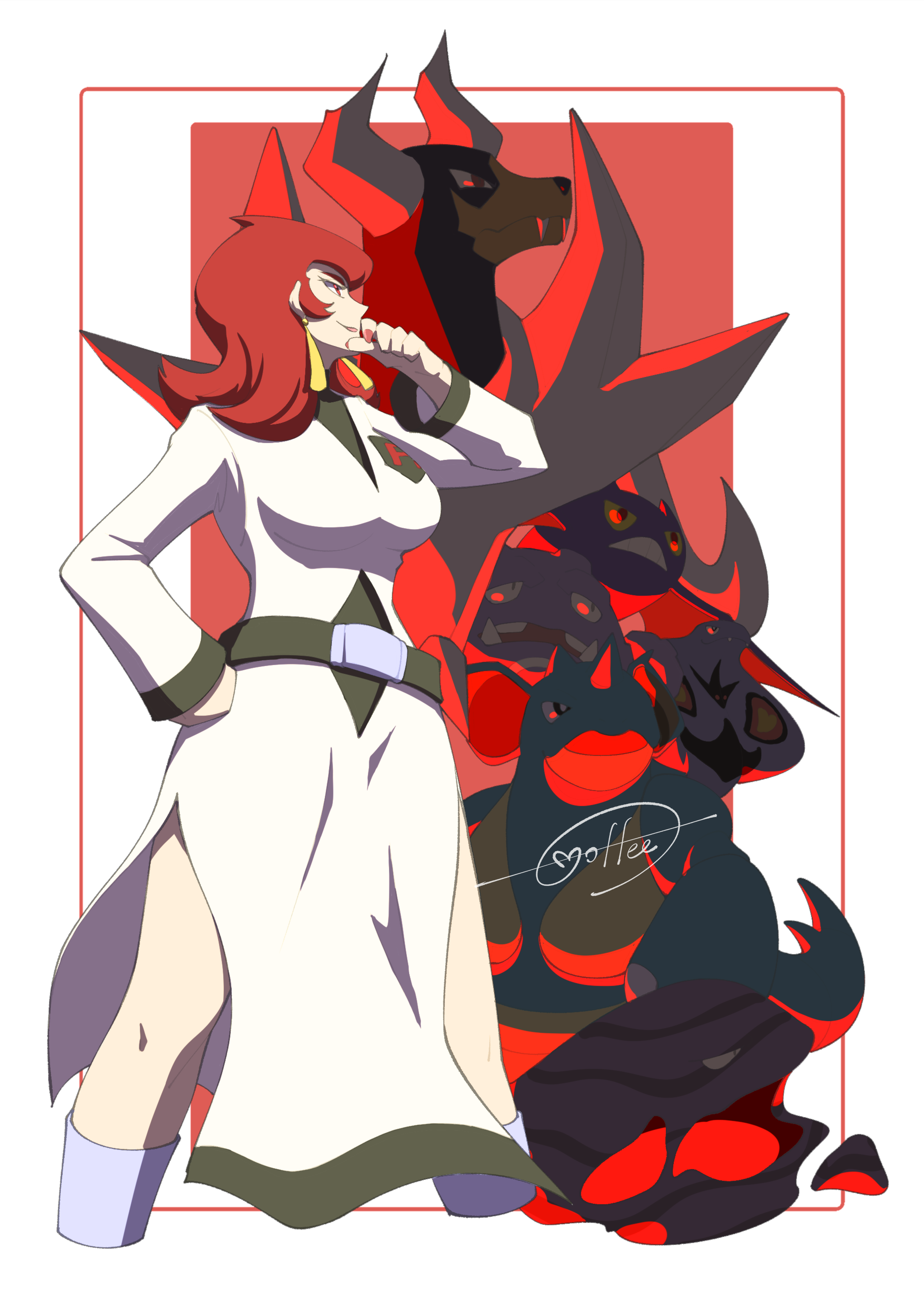 cccacademia, arbok, ariana (pokemon), crobat, houndoom, muk, nidoqueen, weezing, nintendo, pokemon, absurdres, highres, 1girl, belt, breasts, dress, earrings, gen 1 pokemon, gen 2 pokemon, hand on own hip, jewelry, long sleeves, medium breasts, pokemon (creature), red hair, red nails, standing, white dress
