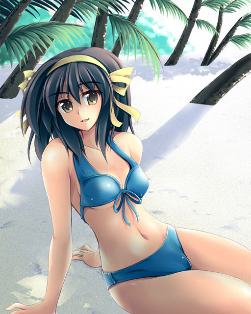 fuyuwa kotatsu, hirano aya, suzumiya haruhi, real life, suzumiya haruhi no yuuutsu, photo-referenced, 00s, 1girl, ayastyle, beach, bikini, brown hair, day, female focus, meme, real life insert, solo, swimsuit, voice actor connection, wardrobe error