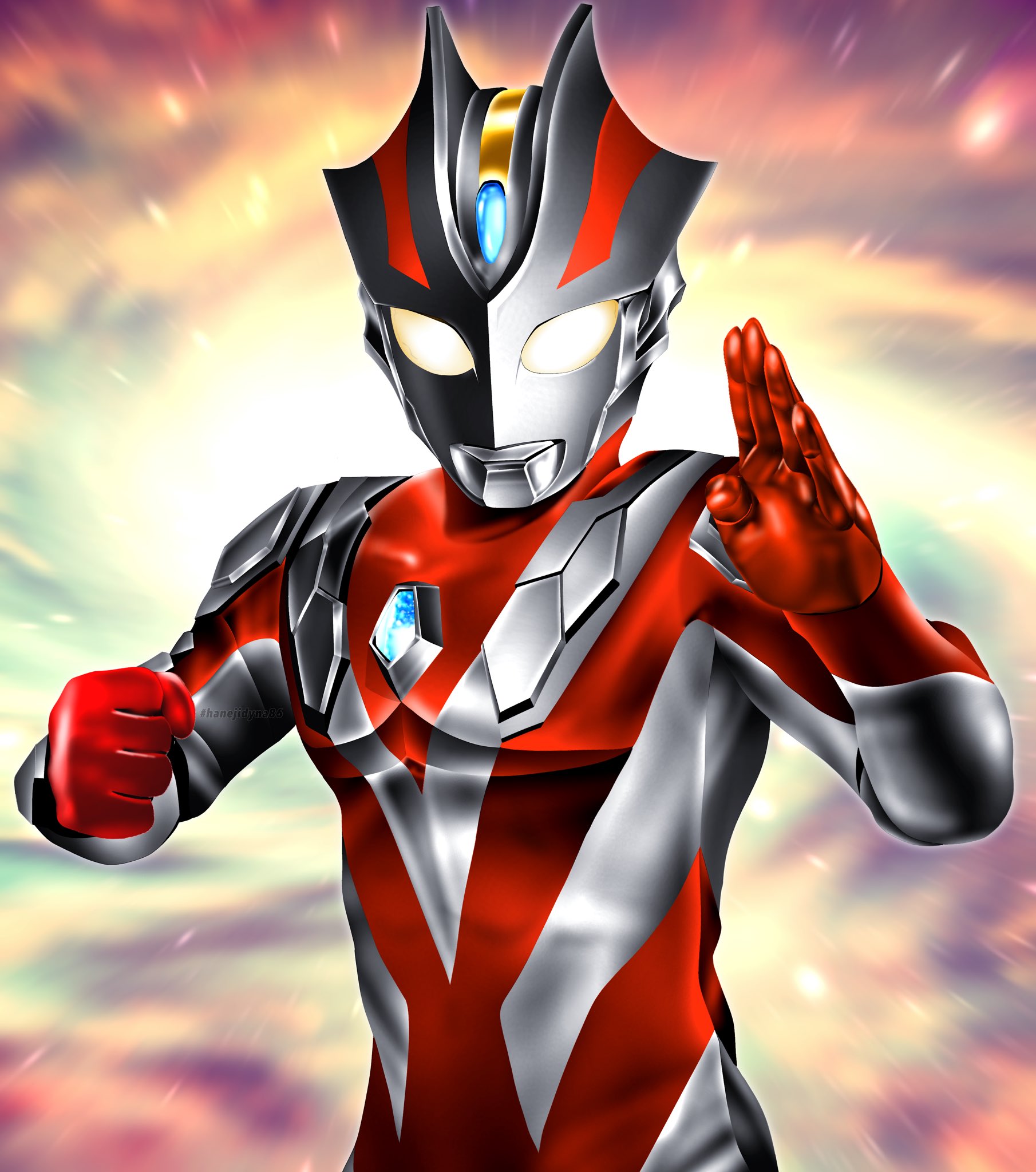 hanejidyna86, ultra series, ultraman max (series), commentary, highres, 1boy, alien, armor, blue gemstone, blurry, blurry background, breastplate, clenched hand, color timer, colored skin, compound eyes, fighting stance, forehead jewel, galaxy, galaxy background, gem, glowing, glowing eyes, gradient eyes, hands up, looking at viewer, male focus, multicolored eyes, multicolored skin, no pupils, pectorals, red skin, shoulder armor, silver skin, solo, tokusatsu, toned, toned male, twitter username, two-tone skin, ultraman xenon, upper body, white eyes, wrinkled skin