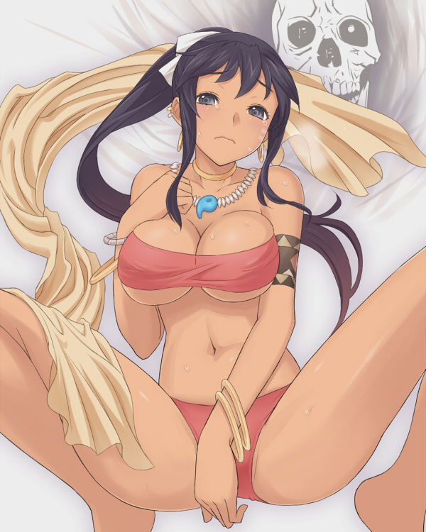 ume (driveume), shilleka, atlus, etrian odyssey, bad id, bad pixiv id, 1girl, bandeau, bandeau bikini, black eyes, black hair, breasts, choker, dark-skinned female, dark skin, earrings, female focus, from below, jewelry, large breasts, long hair, magatama, necklace, ponytail, sarong, skull, solo, spread legs, squatting, strapless, sweat, tears, tube top, unworn sarong