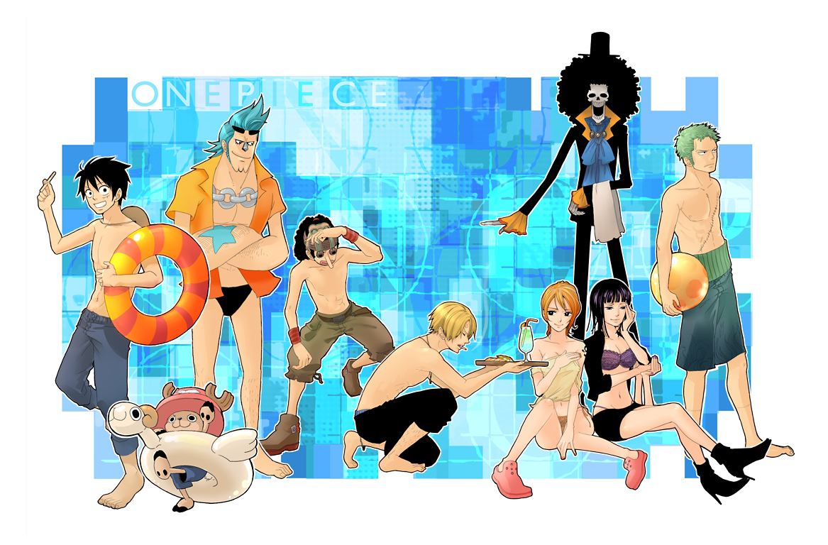 kuji, brook (one piece), franky (one piece), going merry, monkey d. luffy, nami (one piece), nico robin, roronoa zoro, sanji (one piece), tony tony chopper, usopp, one piece, 2girls, 6+boys, abs, afro, ball, barefoot, beachball, bikini, black hair, black male swimwear, black swim briefs, blonde hair, blue hair, blue male swimwear, blue swim trunks, chain, chain necklace, cigarette, copyright name, crossed arms, denim, everyone, extra arms, eyewear on head, glass, goggles, green hair, hana hana no mi, haramaki, hat, high heels, holding, holding swim ring, innertube, jeans, jewelry, kneeling, male swimwear, multiple boys, multiple girls, necklace, orange hair, pants, pink hat, reindeer, scar, shoes, side-tie bikini bottom, sitting, skeleton, smoking, standing, straw hat, sunglasses, swim briefs, swim ring, swim trunks, swimsuit, tattoo, top hat, topless female
