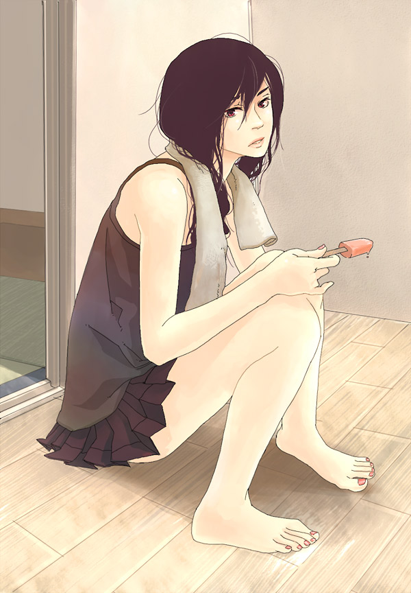 kuji, barefoot, black hair, feet, food, long hair, popsicle, sitting, solo, towel