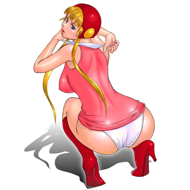 zen and retro, kouzuki luna, casshern (series), robot hunter casshern, 1girl, ass, blonde hair, blue eyes, boots, dress, female focus, helmet, knee boots, panties, solo, underwear