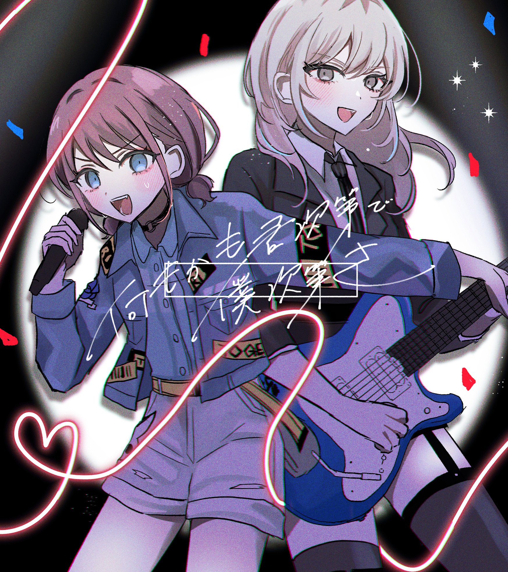 hamchan69, iseri nina, kawaragi momoka, girls band cry, commentary, highres, symbol-only commentary, 2girls, black jacket, black necktie, black thighhighs, blue eyes, blue jacket, blush, brown hair, collared shirt, dress shirt, electric guitar, garter straps, grey eyes, grey hair, guitar, heart, instrument, jacket, long sleeves, low twintails, multicolored hair, multiple girls, necktie, open clothes, open jacket, open mouth, roots (hair), shirt, short hair, short twintails, shorts, thighhighs, twintails, white shorts