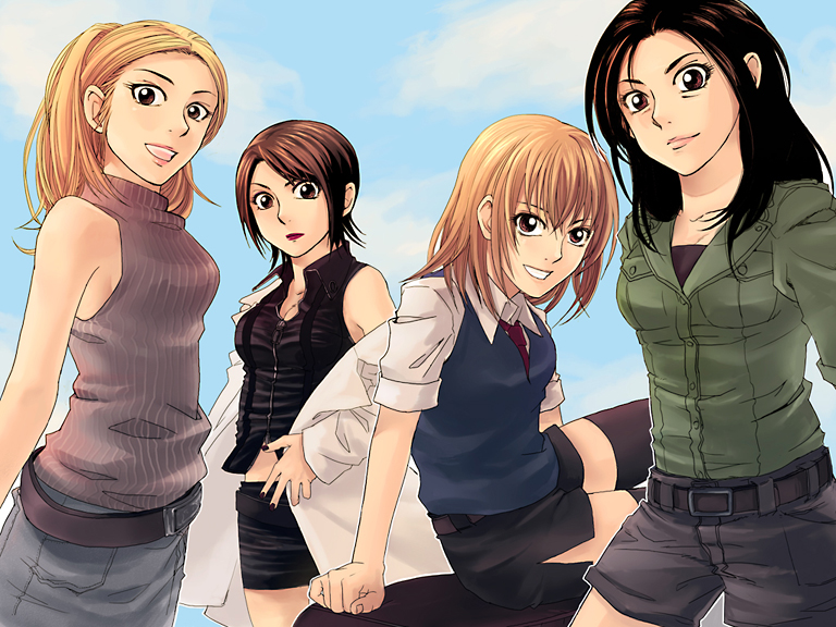kuji, hasegawa haruka, hirooka aya, mutou aoi, oikawa hazuki, moyashimon, 4girls, bare shoulders, belt, blonde hair, brown hair, lipstick, long hair, makeup, multiple girls, pencil skirt, short hair, skirt, sleeveless, sleeveless turtleneck, thighhighs, turtleneck