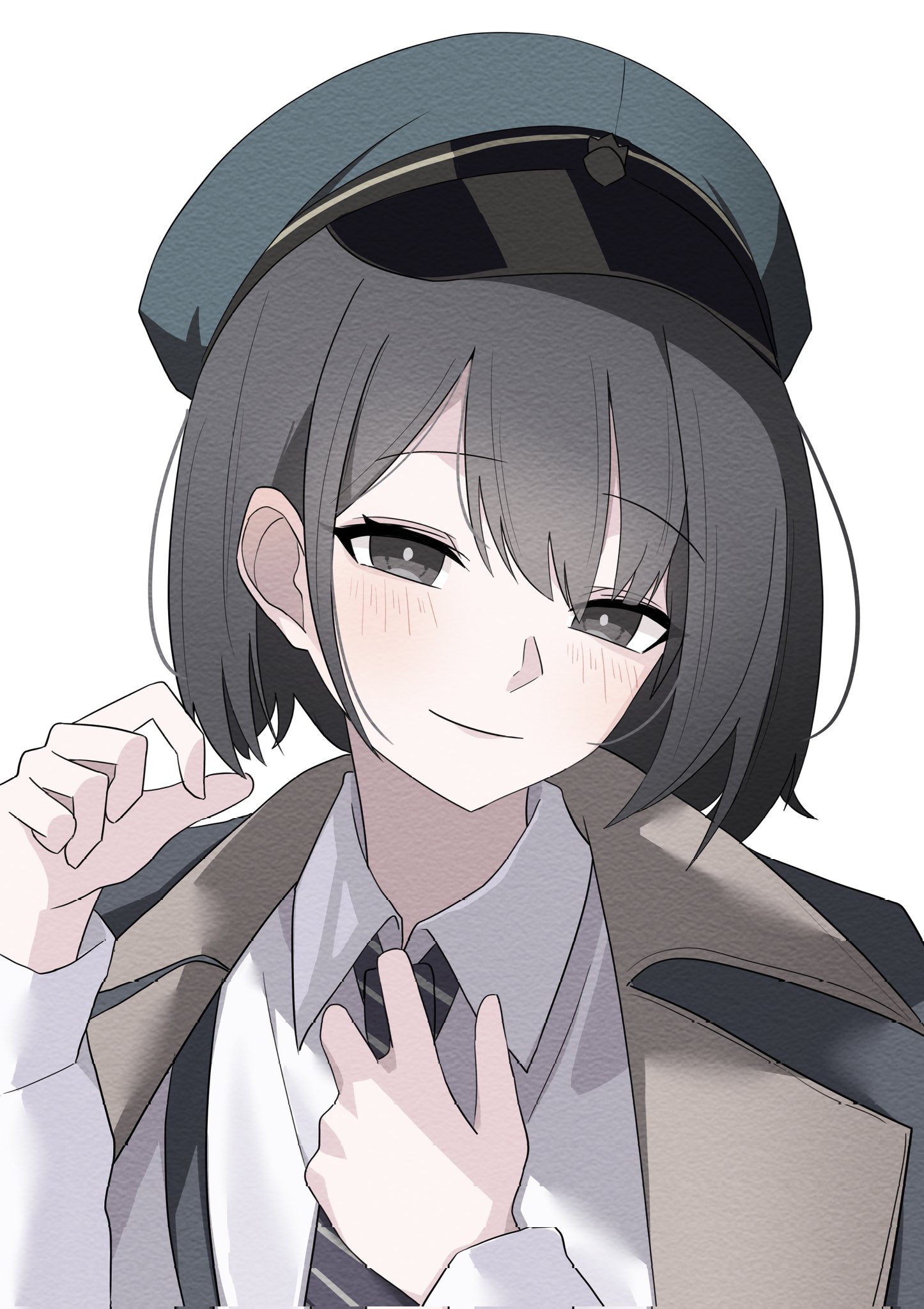 gaohuang43450, blue archive, commentary request, corrupted twitter file, highres, 1girl, adjusting clothes, adjusting necktie, black eyes, black hair, black jacket, black necktie, closed mouth, collared shirt, diagonal-striped clothes, diagonal-striped necktie, dress shirt, green hat, hands up, hat, hiromi (blue archive), jacket, long sleeves, looking at viewer, necktie, peaked cap, portrait, shirt, short hair, simple background, smile, solo, striped clothes, white background, white shirt