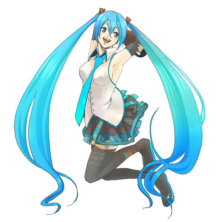 kuji, hatsune miku, vocaloid, armpits, blue eyes, blue hair, happy, long hair, necktie, skirt, solo, thighhighs, twintails
