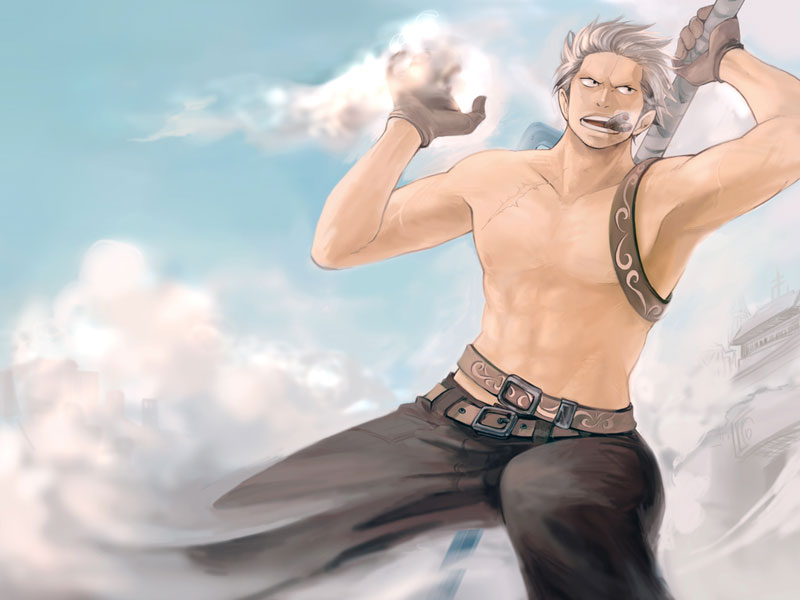 kuji, smoker (one piece), one piece, 1boy, belt, blue sky, building, cigar, fighting stance, gloves, jitte, male focus, muscular, scar, sky, smoke, smoking, solo, topless male, weapon, white hair