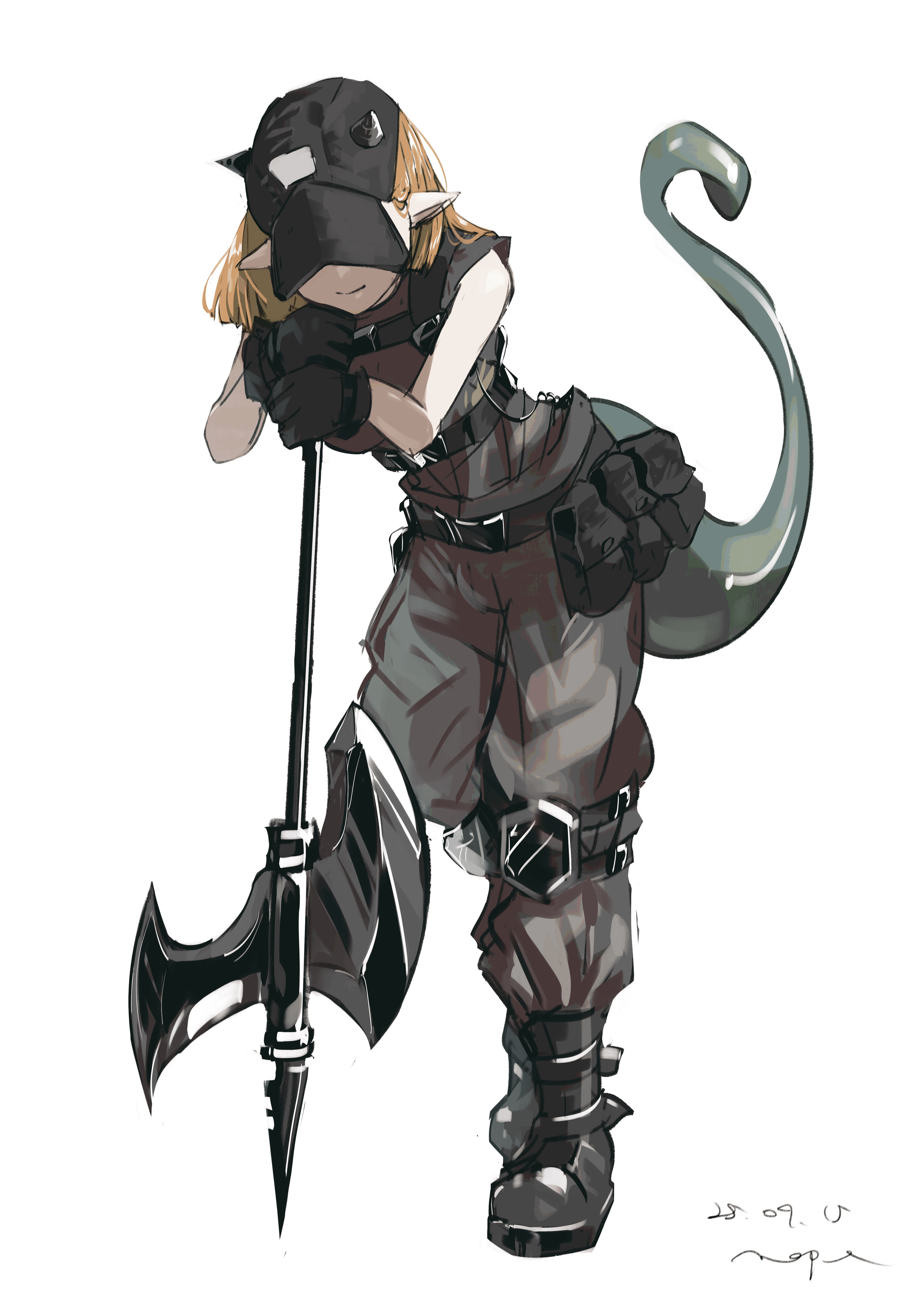 pppmepl, vanilla (arknights), arknights, absurdres, highres, 1girl, alternate costume, artist name, baseball cap, black boots, black gloves, blonde hair, boots, breasts, chest harness, covered eyes, dated, dragon girl, dragon horns, dragon tail, gloves, grey pants, grey shirt, halberd, harness, hat, horns, leaning on weapon, pants, pointy ears, polearm, shirt, simple background, solo, tail, weapon, white background
