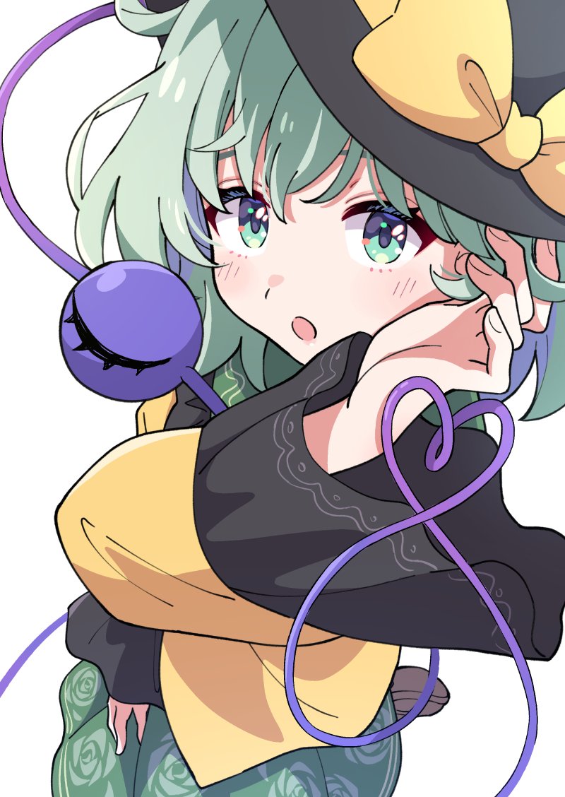 haruki reimari, komeiji koishi, touhou, commentary, 1girl, aqua eyes, aqua hair, black hat, bow, floral print, floral print skirt, frilled sleeves, frills, green skirt, hat, hat bow, looking at viewer, open mouth, print skirt, rose print, shirt, short hair, simple background, skirt, solo, third eye, white background, yellow bow, yellow shirt