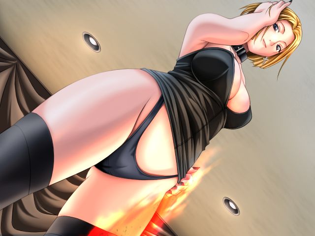 sei shoujo, kitami reika, bible black, game cg, 00s, 1girl, adjusting hair, black dress, black nails, black panties, blonde hair, breasts, clothes lift, collar, dress, dutch angle, earrings, female focus, fire, from below, highleg, highleg panties, jewelry, large breasts, nail polish, panties, school nurse, short dress, short hair, skirt, skirt lift, smile, solo, thighhighs, underwear