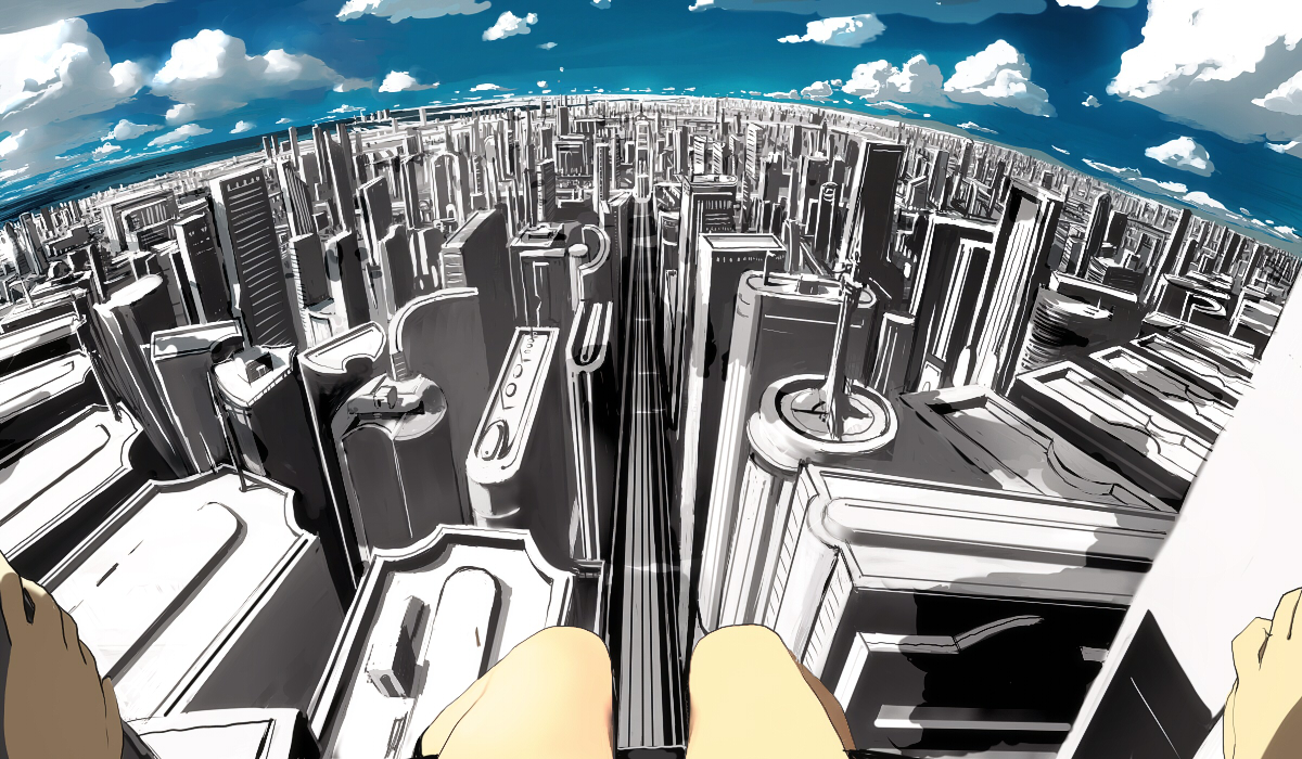 bob (biyonbiyon), original, 1girl, city, cityscape, cloud, day, landscape, pov, scenery, sky