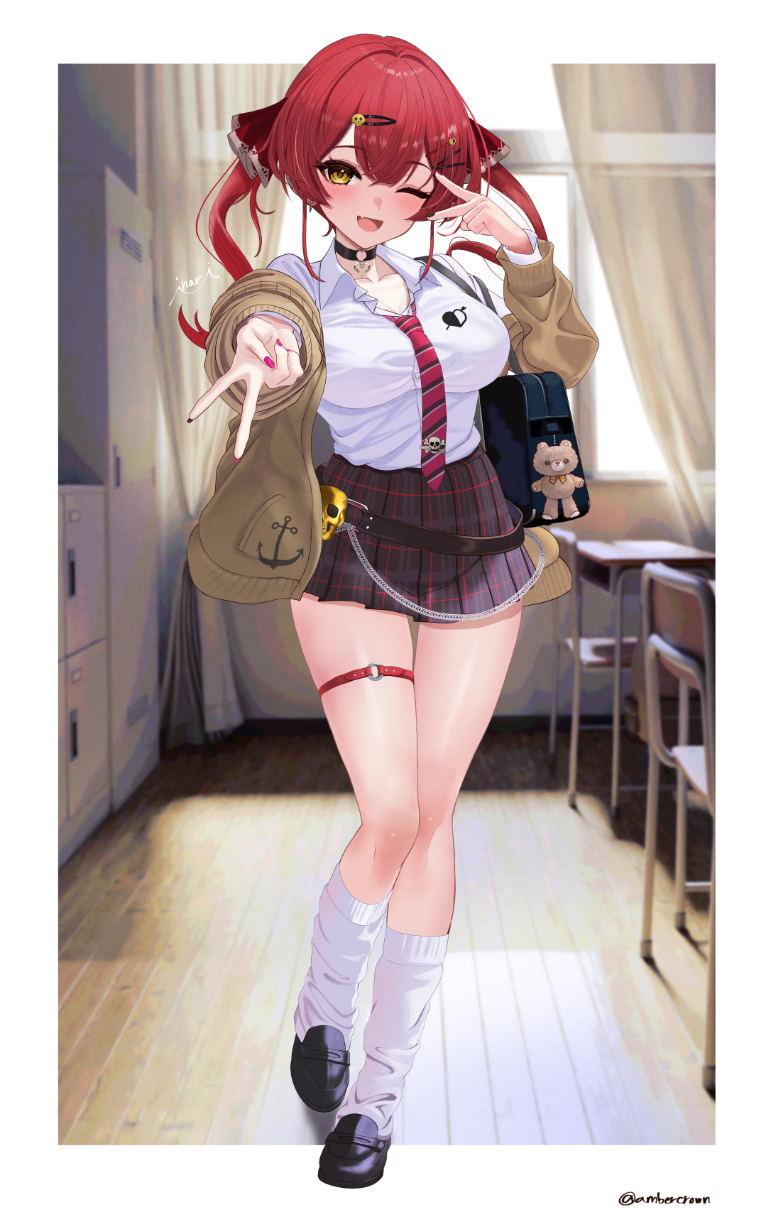 inari (ambercrown), houshou marine, hololive, commentary request, highres, 1girl, ;d, alternate costume, arrow through heart, bag, black choker, black shoes, black skirt, blurry, blurry background, breasts, brown cardigan, cardigan, choker, classroom, collared shirt, double-parted bangs, dress shirt, fang, full body, gyaru v, hair between eyes, hair ornament, hair ribbon, hairclip, hand up, indoors, large breasts, leg warmers, loafers, long hair, looking at viewer, miniskirt, necktie, o-ring, o-ring choker, o-ring thigh strap, off shoulder, one eye closed, open mouth, outstretched arm, pendant choker, pink necktie, pleated skirt, red hair, red ribbon, ribbon, school bag, shirt, shirt tucked in, shoes, shoulder bag, sidelocks, skin fang, skirt, smile, solo, thigh gap, thigh strap, twintails, v, virtual youtuber, white leg warmers, white shirt, yellow eyes