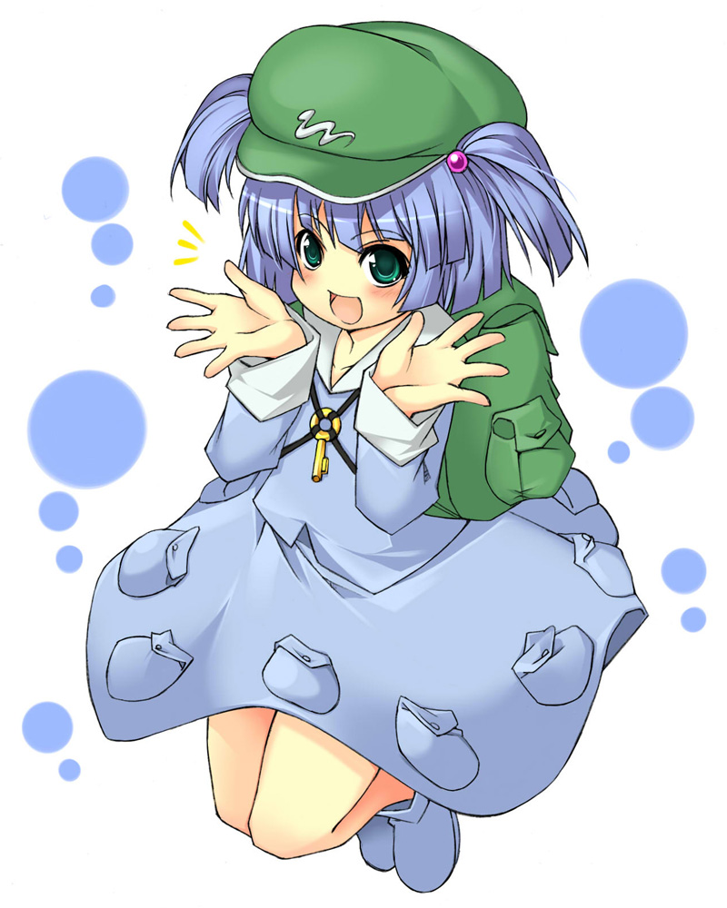 beihan, kokka han, kawashiro nitori, touhou, 1girl, :d, ^^^, backpack, bag, blue dress, blue eyes, blue hair, blush, boots, dress, female focus, full body, green eyes, hat, jumping, key, looking at viewer, matching hair/eyes, no nose, open mouth, rubber boots, short hair, simple background, smile, solo, two side up, white background
