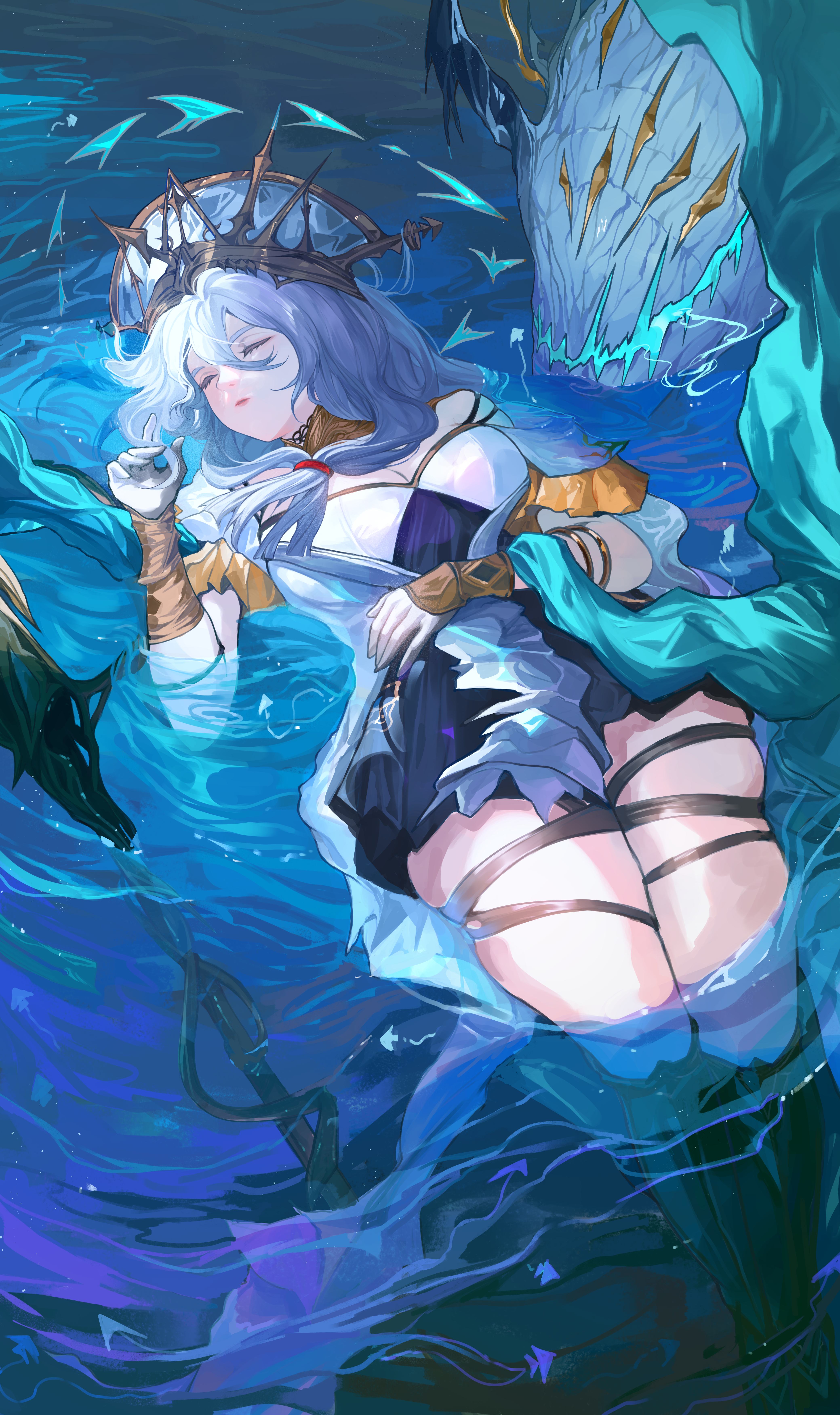 yuki flourish, skadi's seaborn (arknights), skadi (arknights), skadi the corrupting heart (arknights), skadi the corrupting heart (sublimation) (arknights), arknights, absurdres, highres, 1girl, angelfish, aqua ribbon, aqua shawl, bare shoulders, breasts, cleavage, closed eyes, dalachi (headdress), dress, fish, floating, floating hair, flying fish, front ponytail, full body, grey hair, grey hat, hair between eyes, hat, headdress, layered dress, leg ribbon, long hair, lying, off-shoulder dress, off shoulder, official alternate costume, partially submerged, ribbon, ripples, shawl, staff, tropical fish, two-tone dress, very long hair, water, white dress, wrist guards