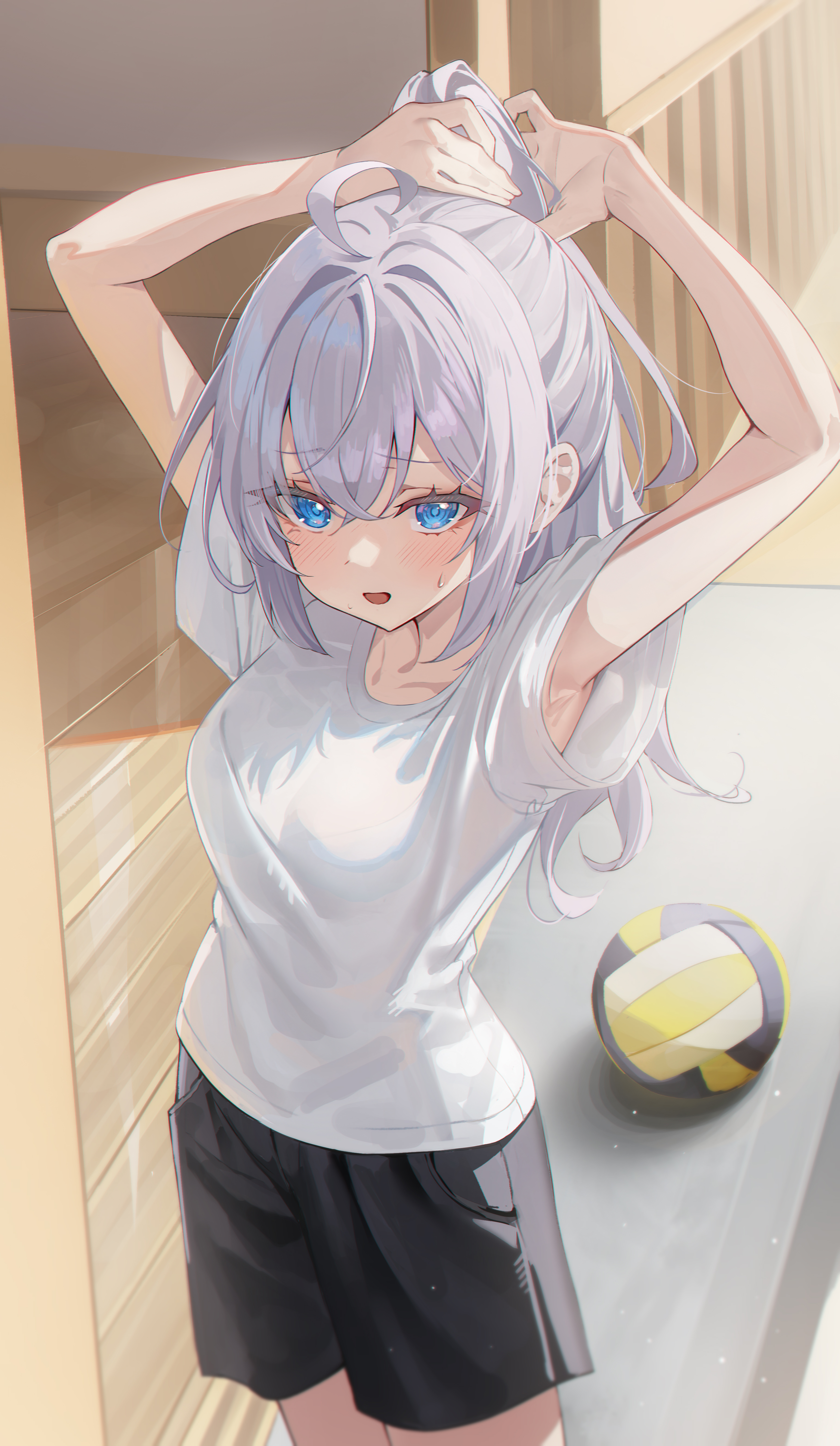 kerno, alisa mikhailovna kujou, tokidoki bosotto roshia-go de dereru tonari no alya-san, absurdres, commentary request, highres, 1girl, ahoge, armpits, arms behind head, arms up, black pants, blue eyes, blush, breasts, cowboy shot, crossed bangs, grey hair, gym uniform, hair between eyes, large breasts, light particles, long hair, looking at viewer, open mouth, pants, shirt, short sleeves, solo, volleyball, white shirt, wooden floor