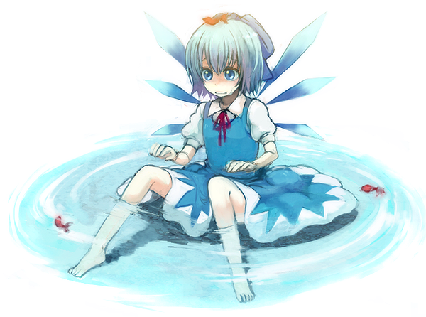 yonko, cirno, embodiment of scarlet devil, touhou, bad id, bad pixiv id, 1girl, barefoot, blue dress, blue eyes, blue hair, bow, crystal, dress, faux figurine, female focus, fish, full body, hair bow, ice, ice wings, kneehighs, matching hair/eyes, partially submerged, ponytail, puffy short sleeves, puffy sleeves, short sleeves, sitting, socks, solo, water, white socks, wings