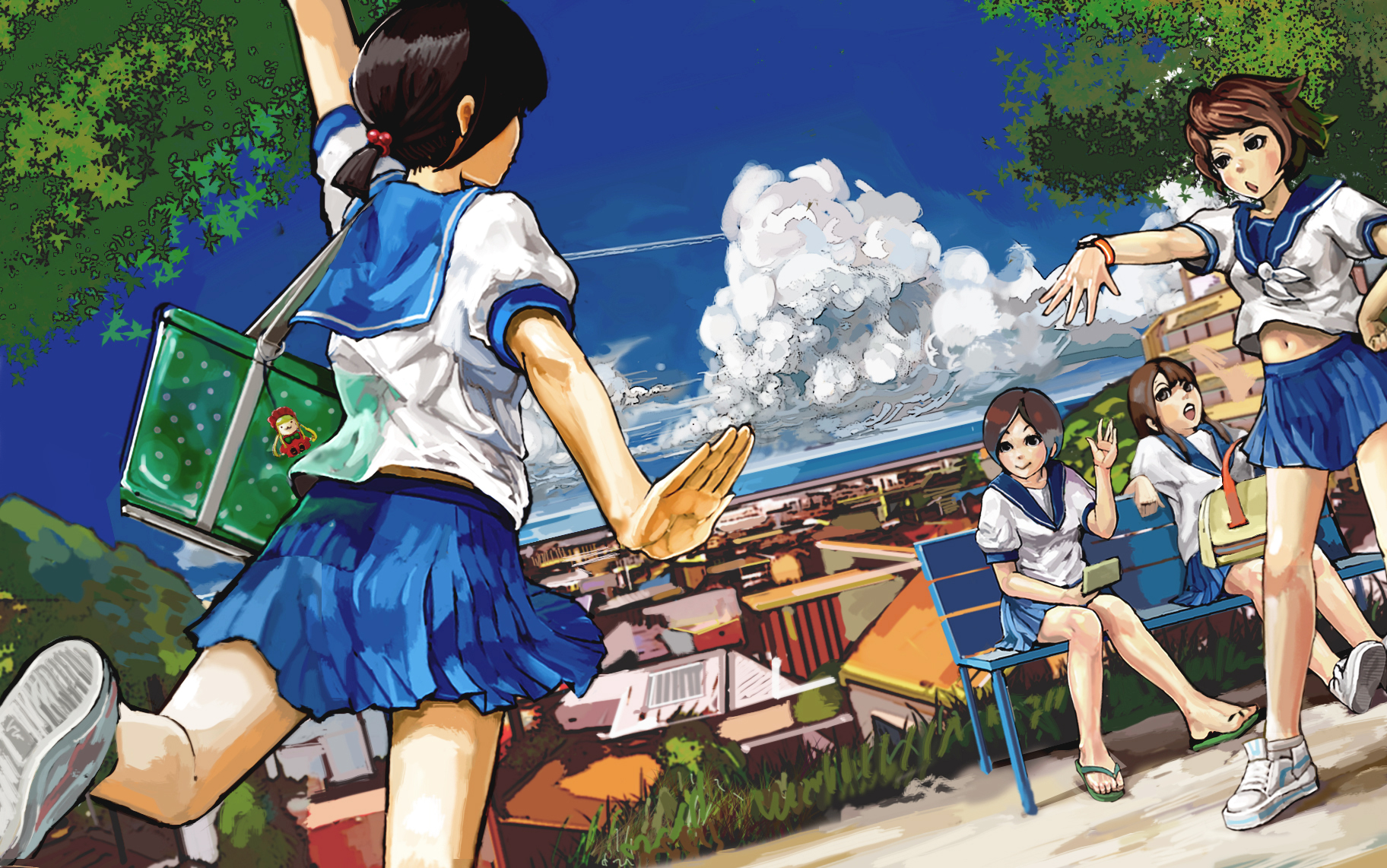 uturo, shinku, original, rozen maiden, highres, 00s, 4girls, bag, bench, cameo, city, cloud, day, multiple girls, outstretched arms, school uniform, serafuku, sitting, skirt, sky, slice of life, spread arms, waving