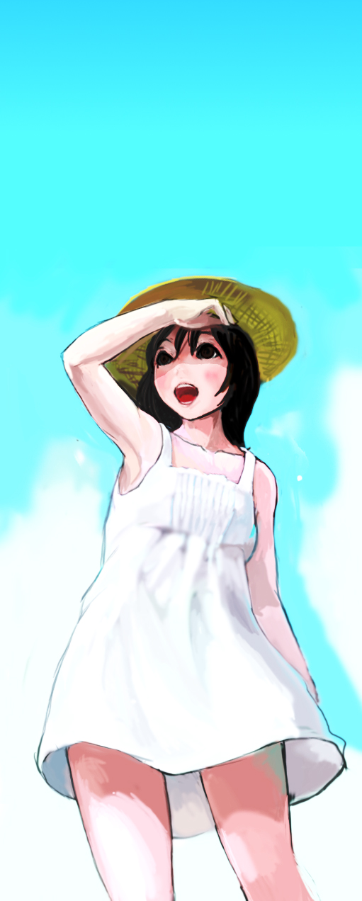 uturo, original, bad id, bad pixiv id, highres, long image, tall image, black hair, cloud, day, dress, hat, legs, short hair, sky, solo, straw hat