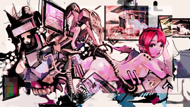 uturo, abstract, ass, casual nudity, computer, monitor, nude, pointy ears, red hair, short hair, surreal, tail, technology, wings