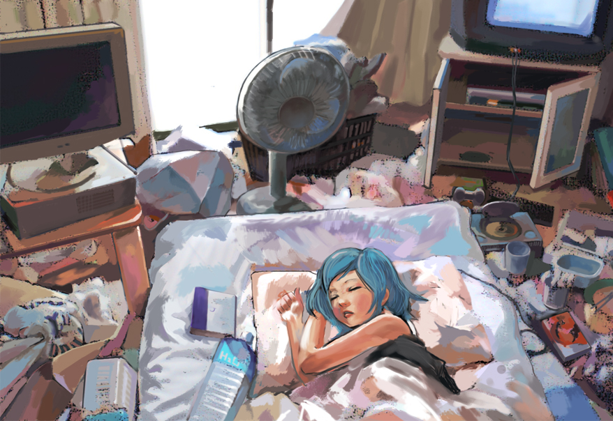 uturo, original, messy, 1girl, blue hair, computer, computer keyboard, crt, female focus, futon, game console, messy room, playstation 1, realistic, room, short hair, sleeping, slice of life, solo, television