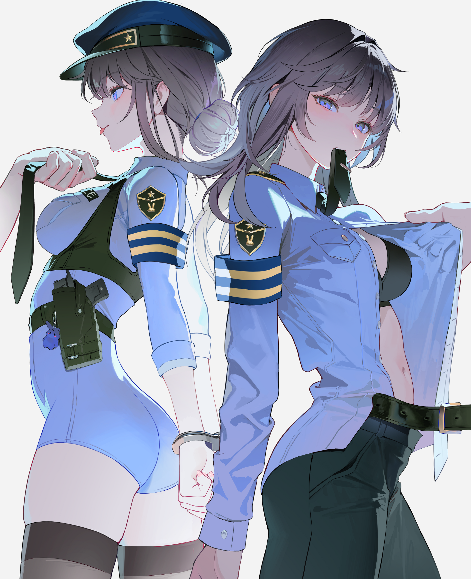 myabit, original, highres, 1girl, armband, arms behind back, ass, belt, black belt, black bra, black necktie, black pants, blue armband, blue hat, blue shirt, bra, breasts, brown hair, cuffed, gun, handgun, hat, holster, holstered, looking at viewer, mouth hold, multiple views, navel, necktie, necktie in mouth, open clothes, open shirt, pants, peaked cap, police, police uniform, policewoman, shirt, simple background, striped armband, striped clothes, tongue, tongue out, underwear, weapon, white background